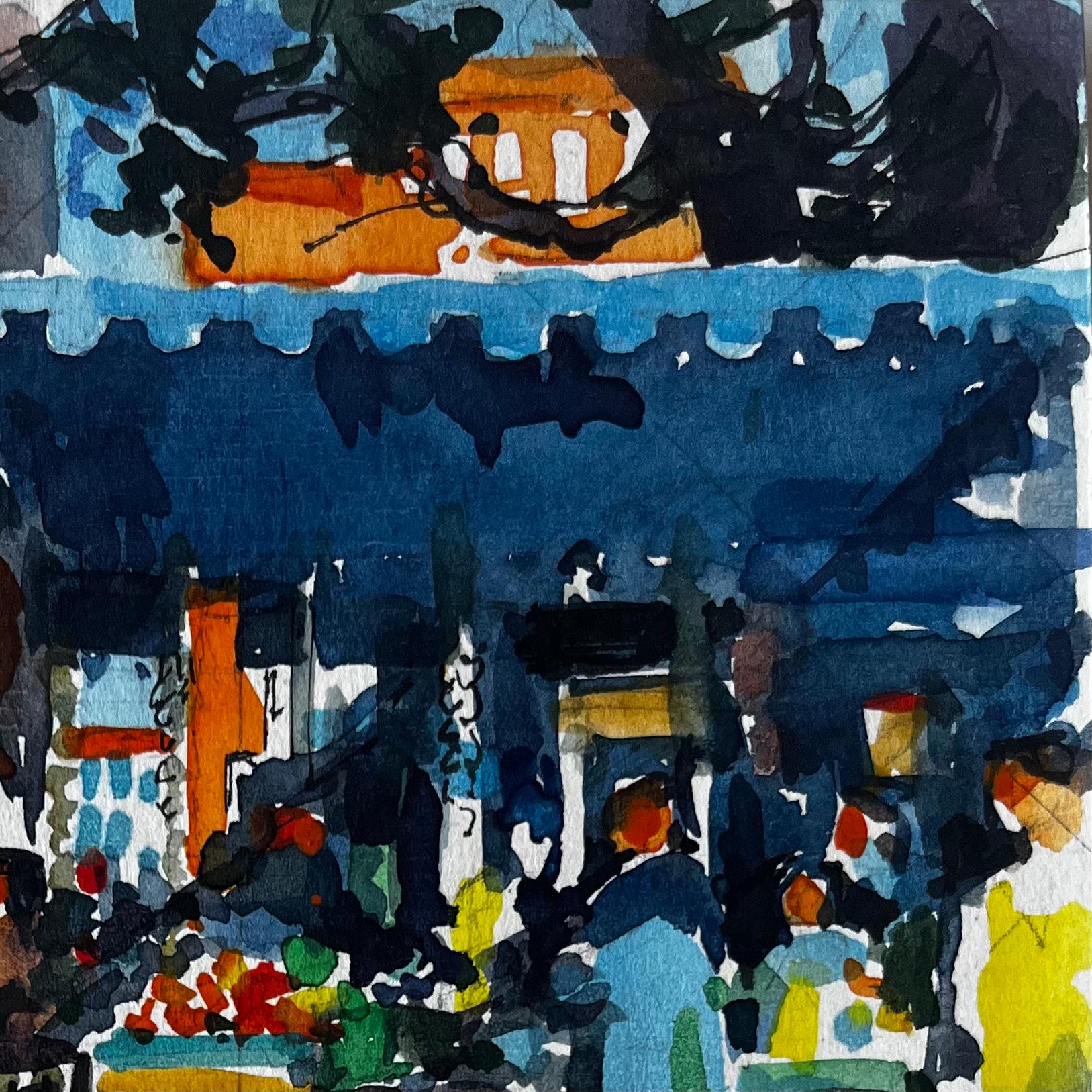 Scena di mercato francese con bancarelle di frutta, venditori e acquirenti Acquerello urbano - Landscape Art Nero di Pierre Neveu