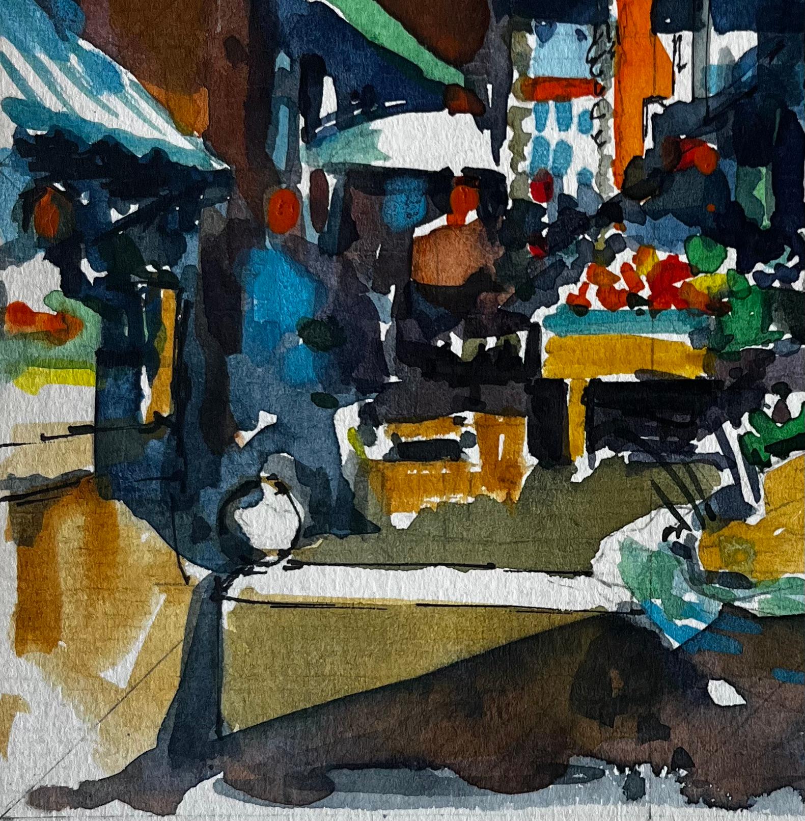 Scena di mercato francese con bancarelle di frutta, venditori e acquirenti Acquerello urbano in vendita 1