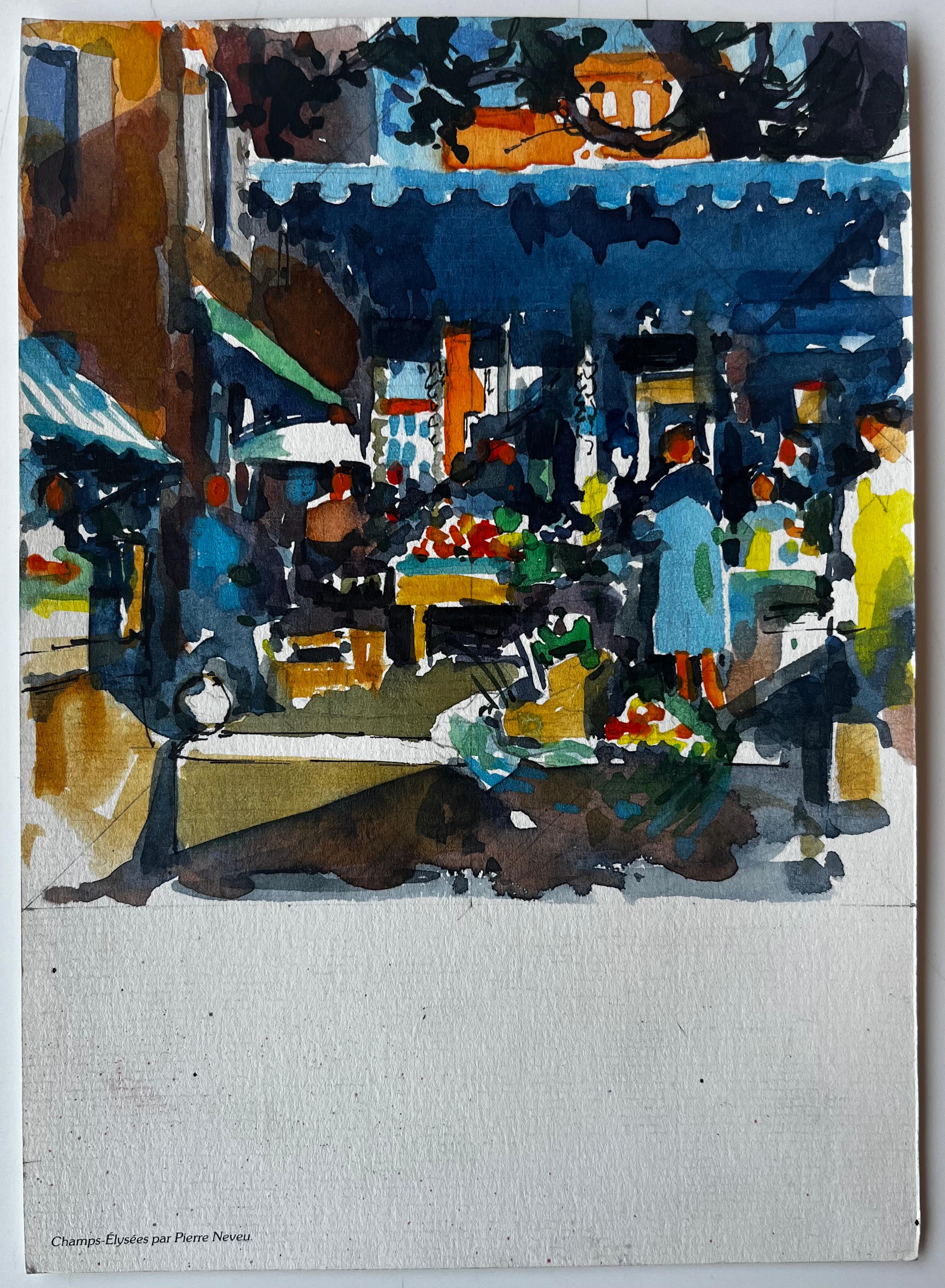 Scena di mercato francese con bancarelle di frutta, venditori e acquirenti Acquerello urbano - Art di Pierre Neveu