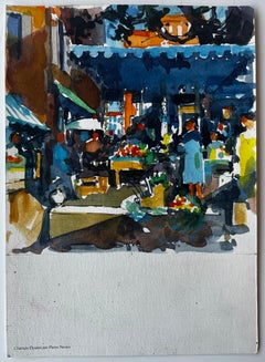 French Street Market Scene Fruit Stalls Vendors and Shoppers Urban Watercolor