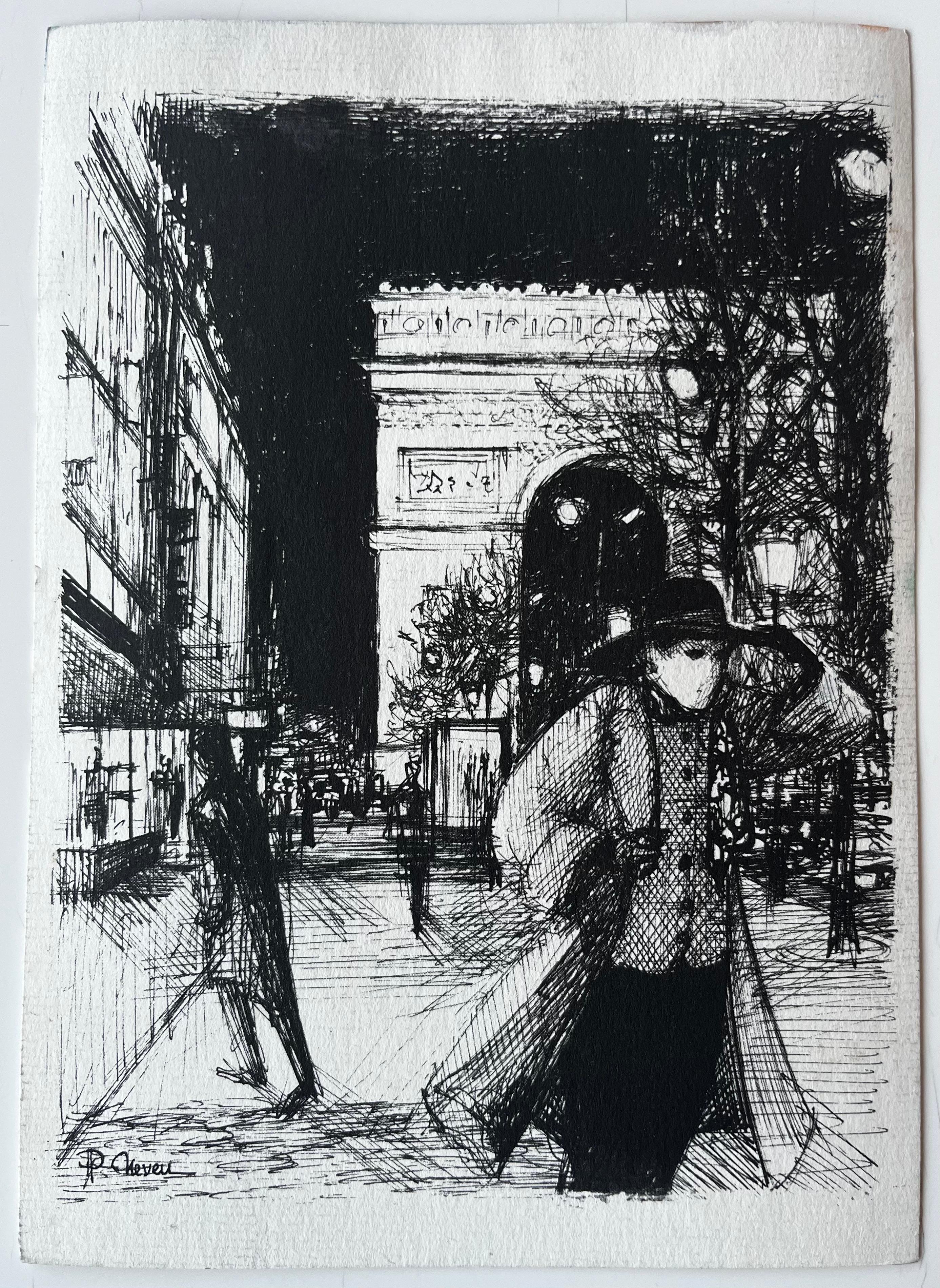 Scena di mercato francese con bancarelle di frutta, venditori e acquirenti Acquerello urbano in vendita 2