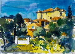 A Rudin Provence Village Maisons jaunes Cyprès Paysage français Aquarelle