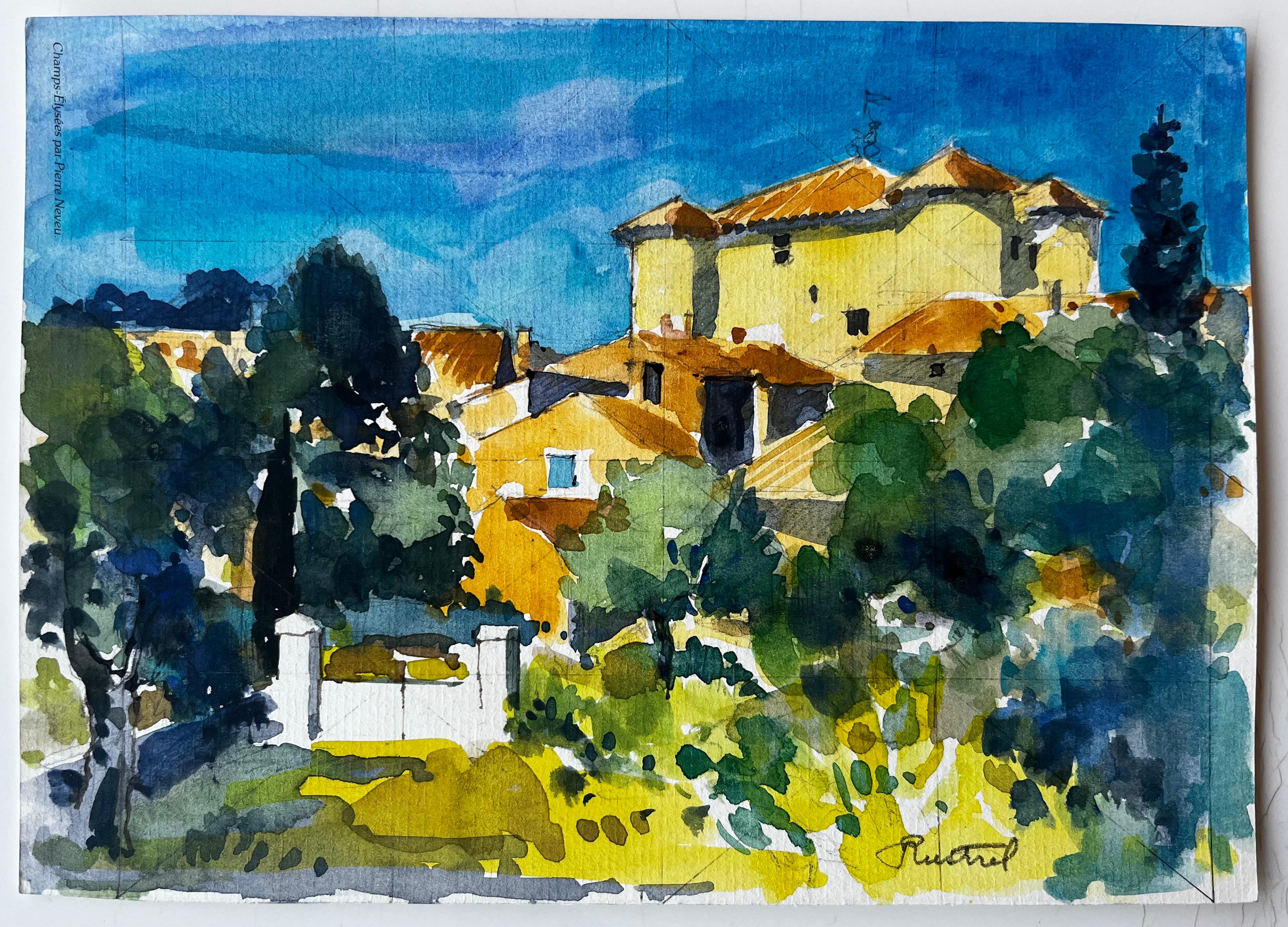 A Rudin Provence Village Maisons jaunes Cyprès Paysage français Aquarelle - Painting de Pierre Neveu
