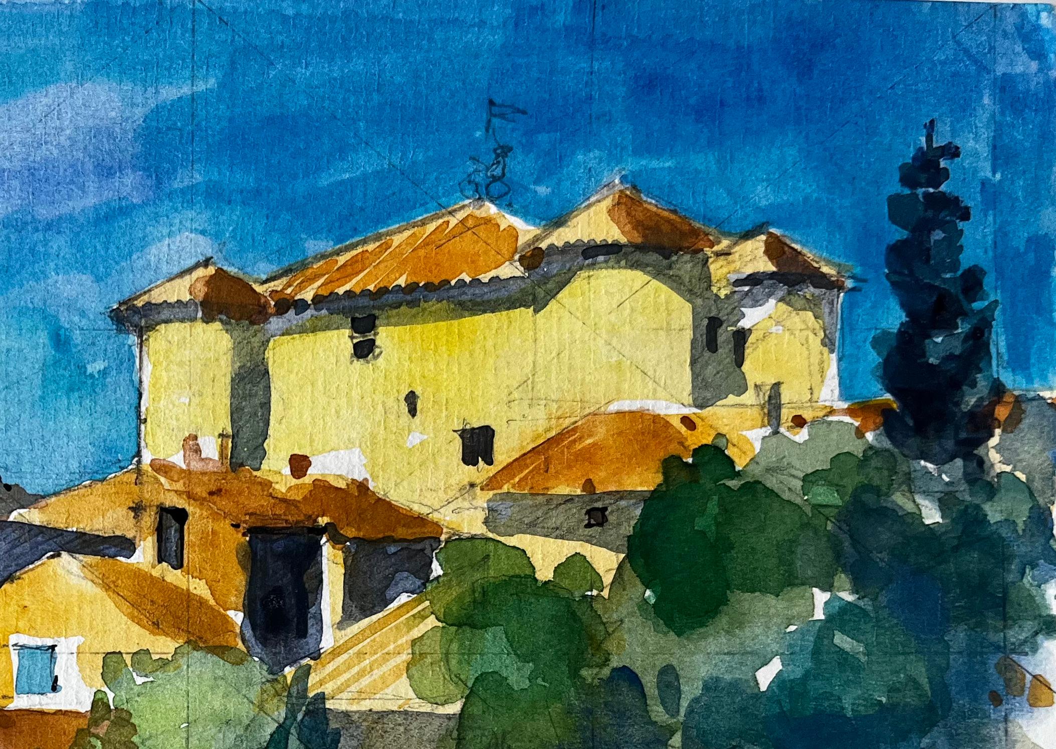 A Rudin Provence Village Maisons jaunes Cyprès Paysage français Aquarelle - Post-impressionnisme Painting par Pierre Neveu