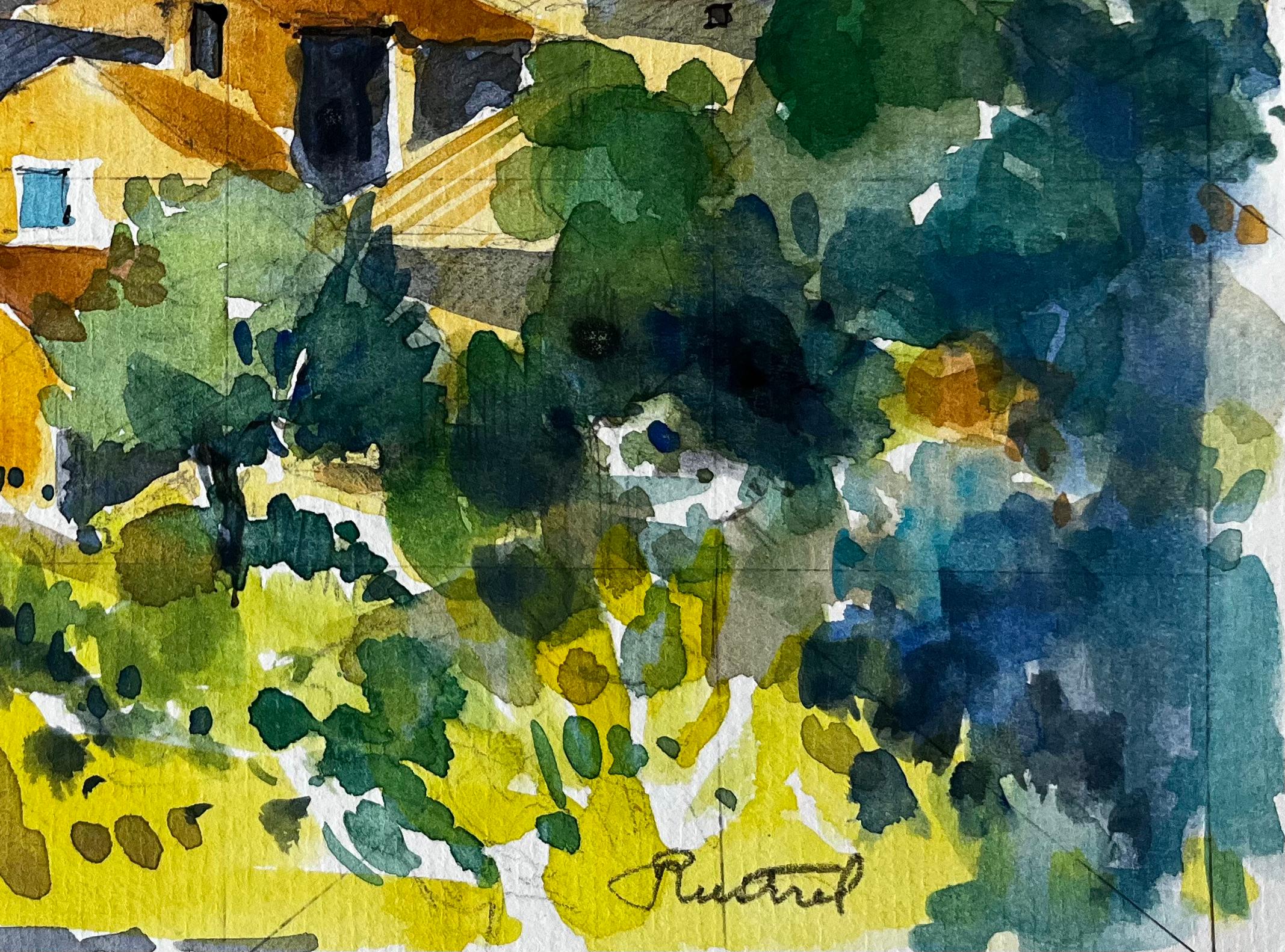 A Rudin Provence Village Maisons jaunes Cyprès Paysage français Aquarelle - Bleu Landscape Painting par Pierre Neveu