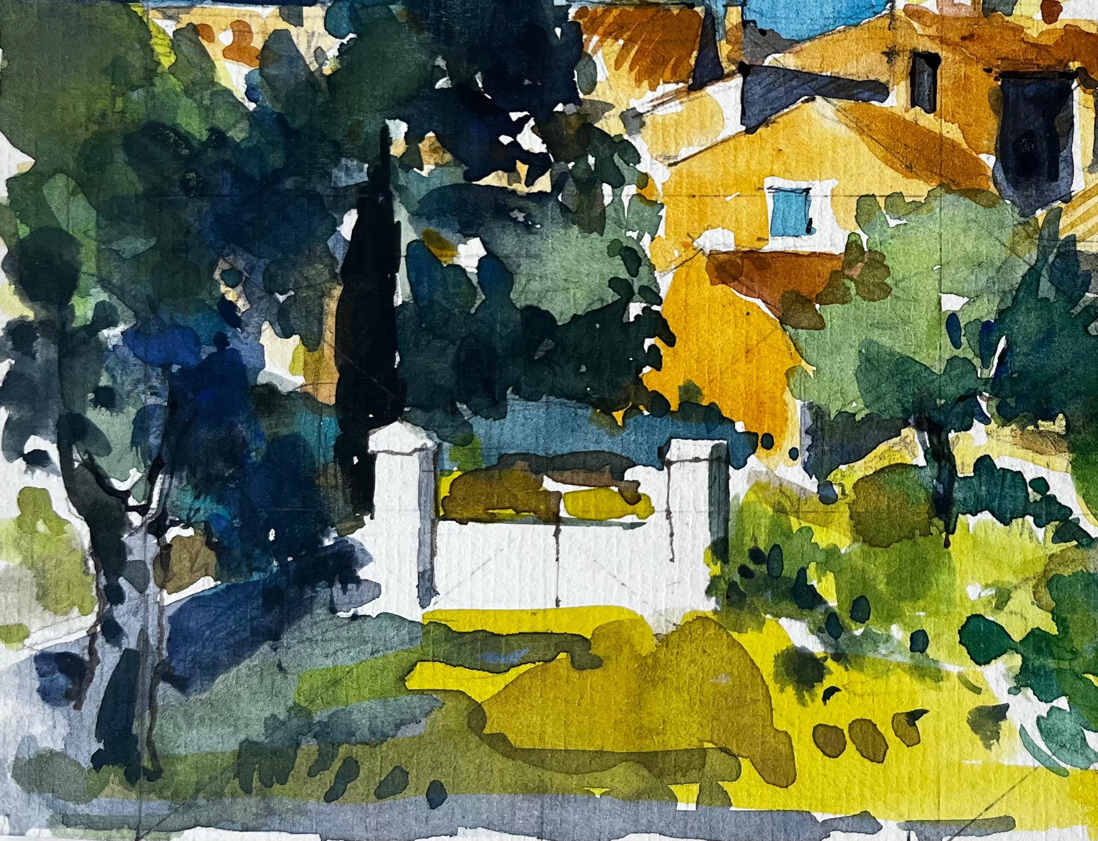 A Rudin Provence Village Maisons jaunes Cyprès Paysage français Aquarelle en vente 1