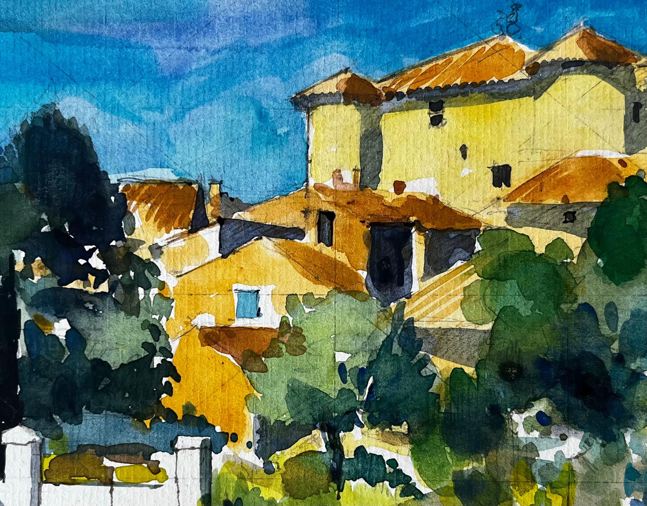 A Rudin Provence Village Maisons jaunes Cyprès Paysage français Aquarelle en vente 2