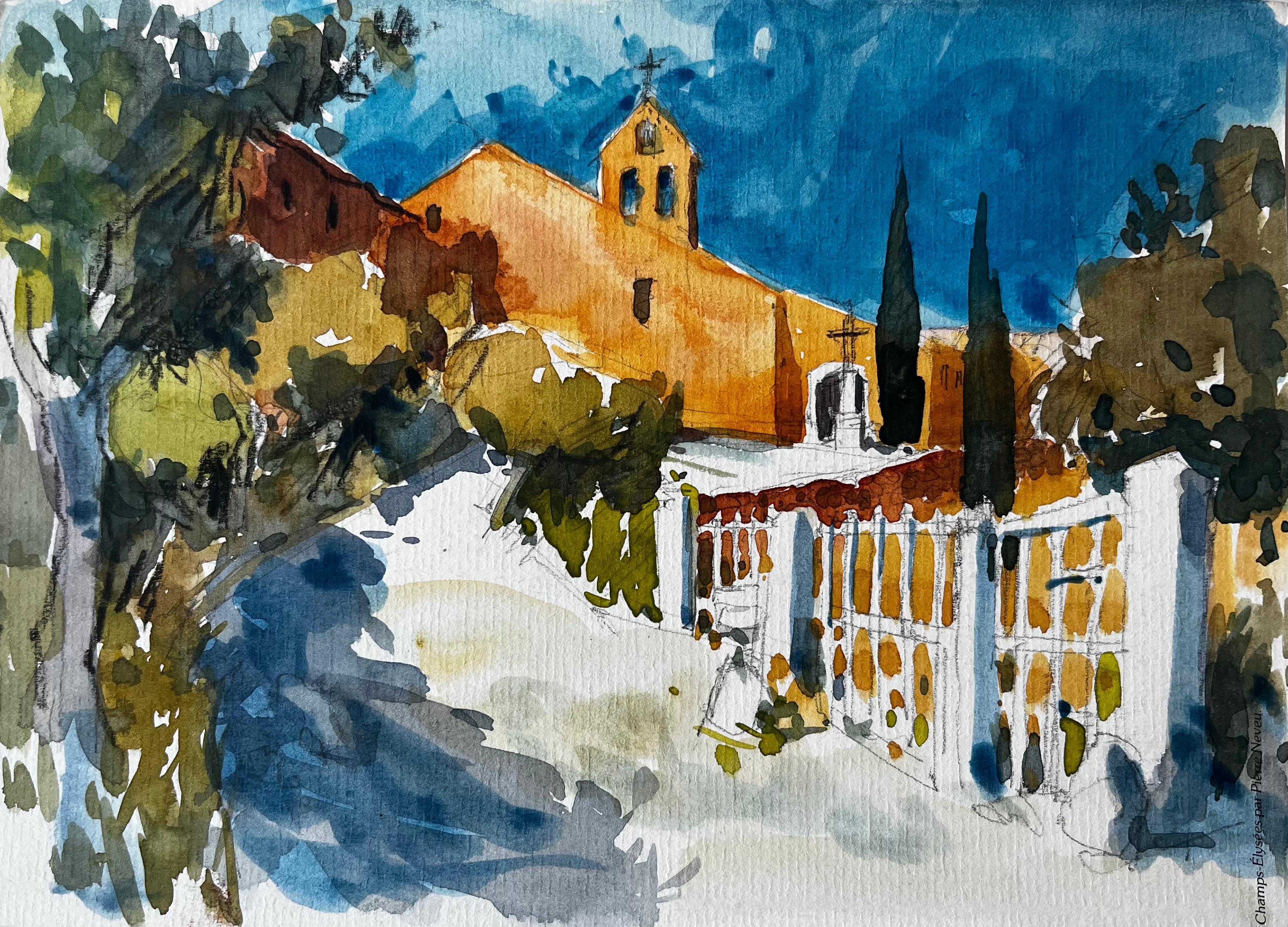 Landscape Art di Pierre Neveu - Cappella provenzale Chiesa illuminata dal sole Sentiero di cipressi Paesaggio francese Acquerello