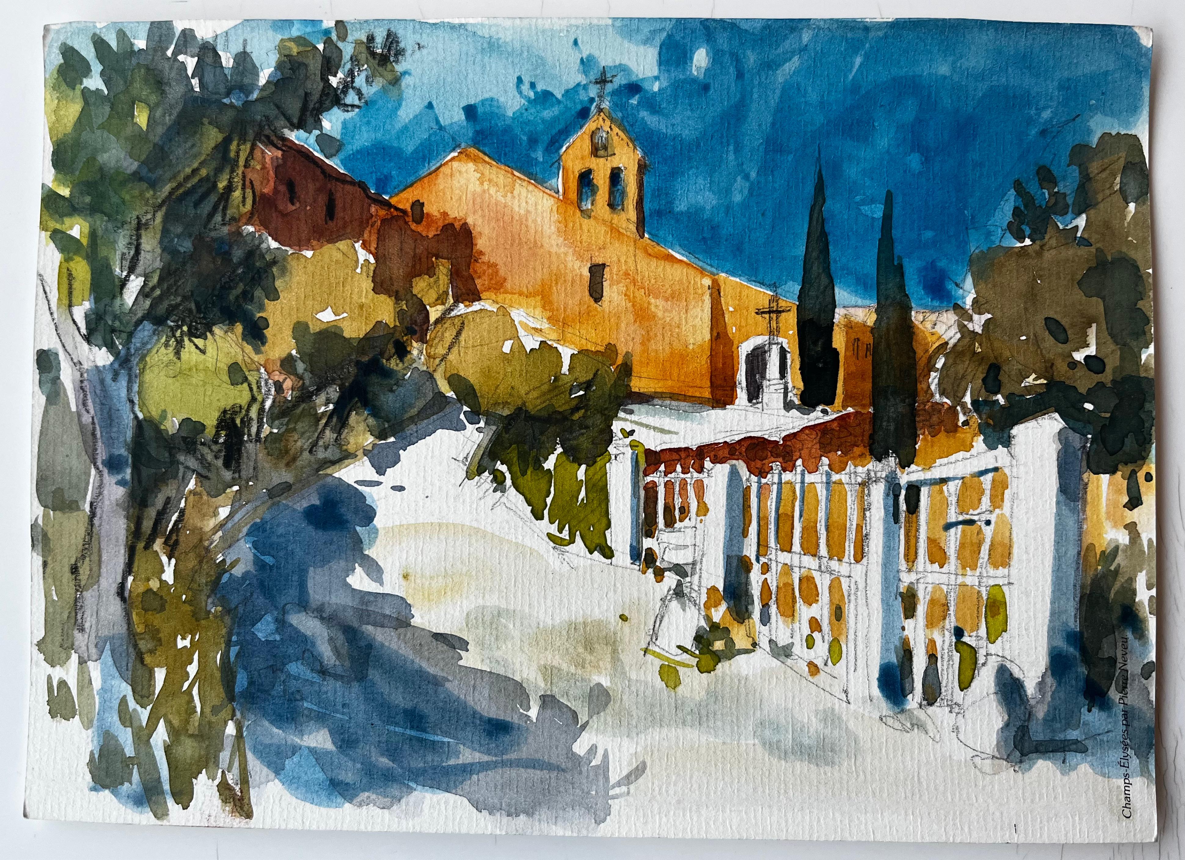 Cappella provenzale Chiesa illuminata dal sole Sentiero di cipressi Paesaggio francese Acquerello - Art di Pierre Neveu