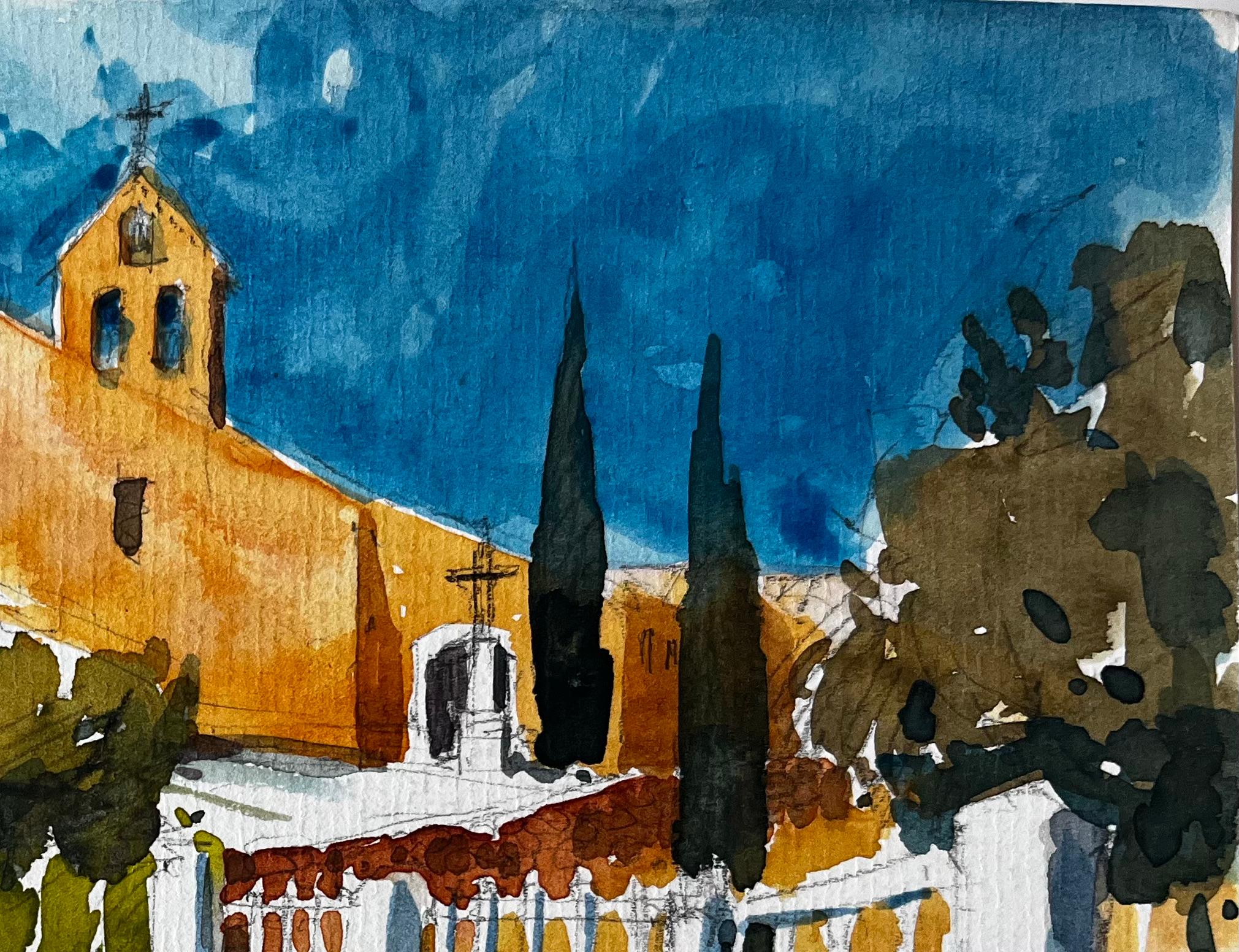 Cappella provenzale Chiesa illuminata dal sole Sentiero di cipressi Paesaggio francese Acquerello in vendita 1