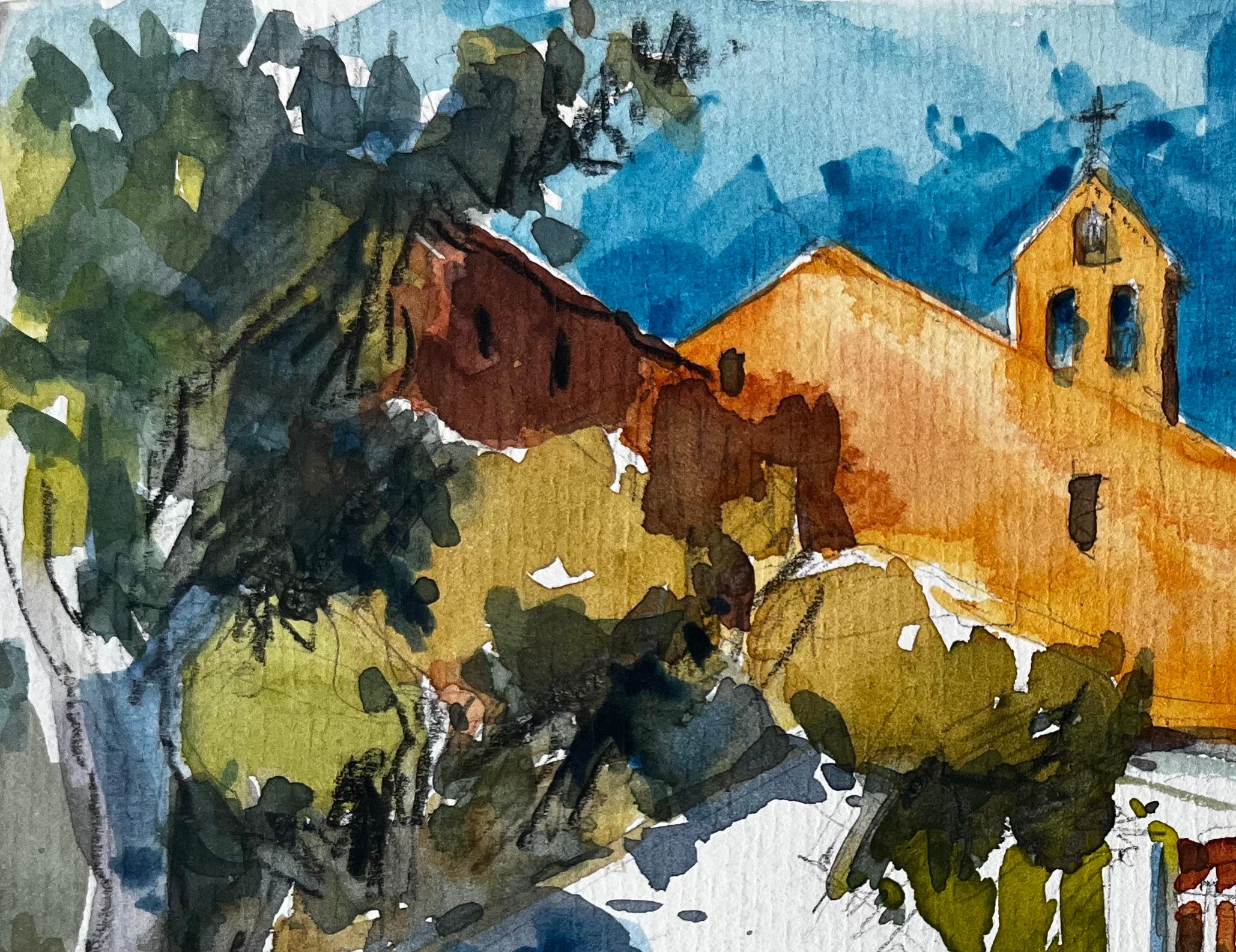 Cappella provenzale Chiesa illuminata dal sole Sentiero di cipressi Paesaggio francese Acquerello - Art Postimpressionismo di Pierre Neveu