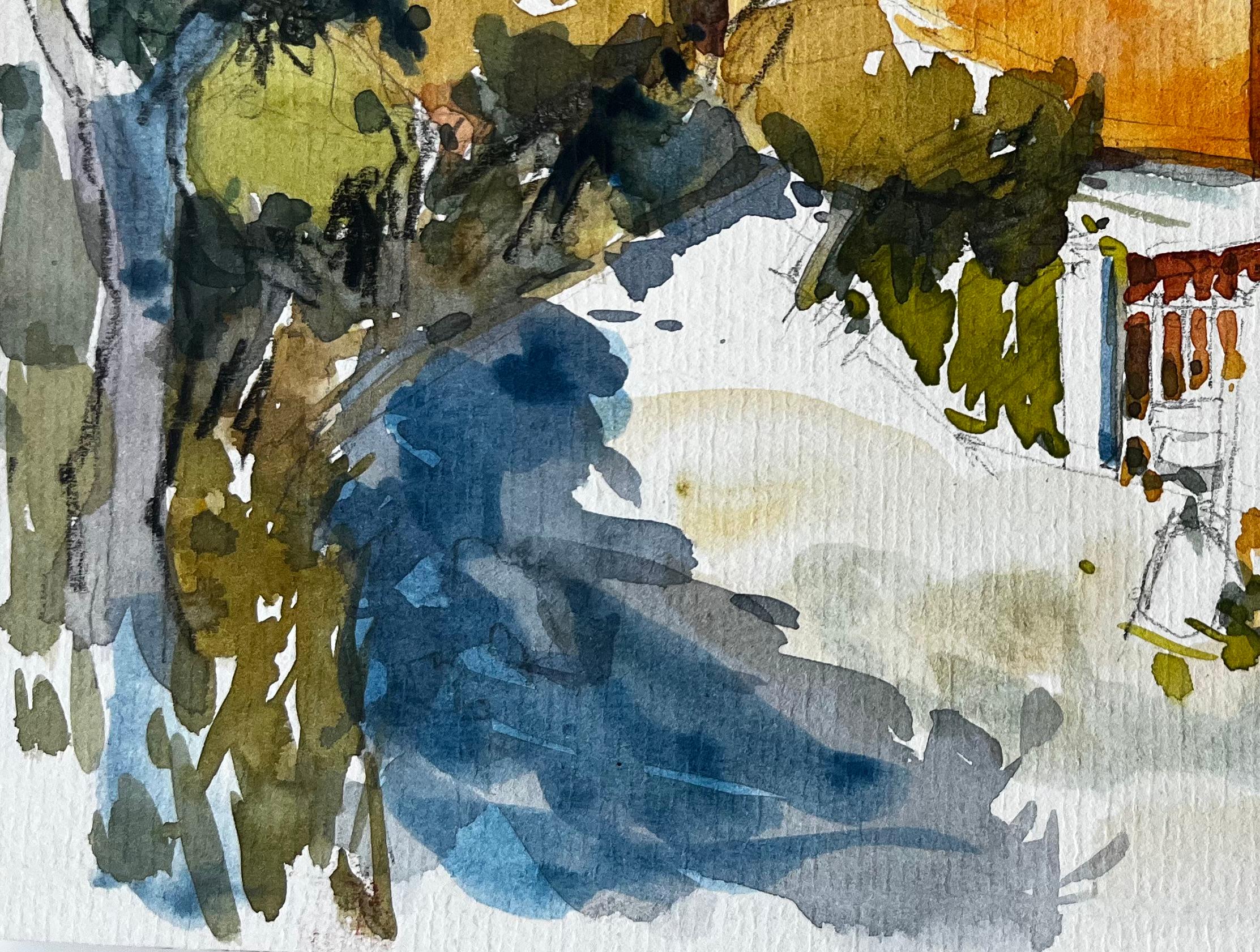 Cappella provenzale Chiesa illuminata dal sole Sentiero di cipressi Paesaggio francese Acquerello - Landscape Art Nero di Pierre Neveu