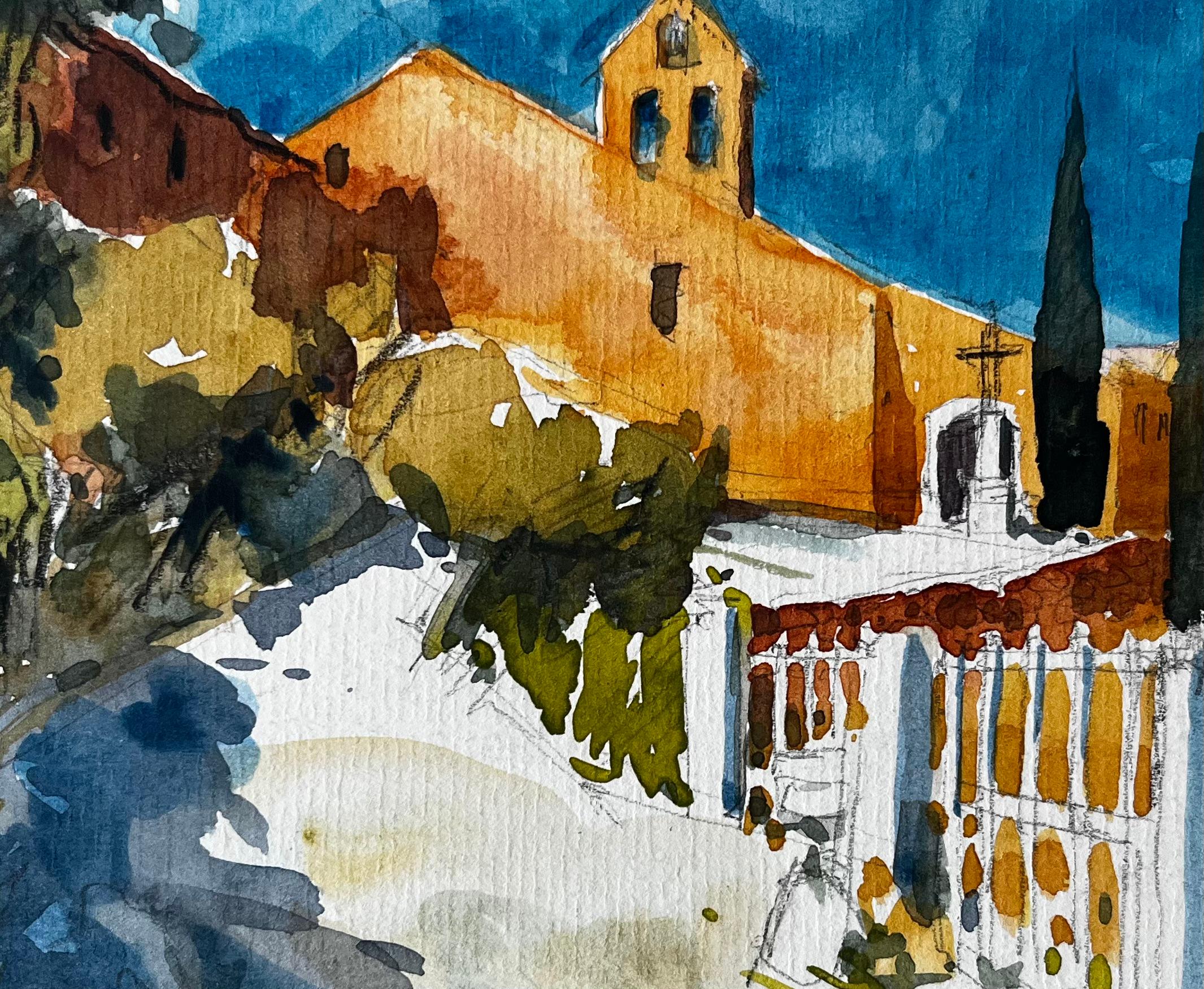 Cappella provenzale Chiesa illuminata dal sole Sentiero di cipressi Paesaggio francese Acquerello in vendita 2