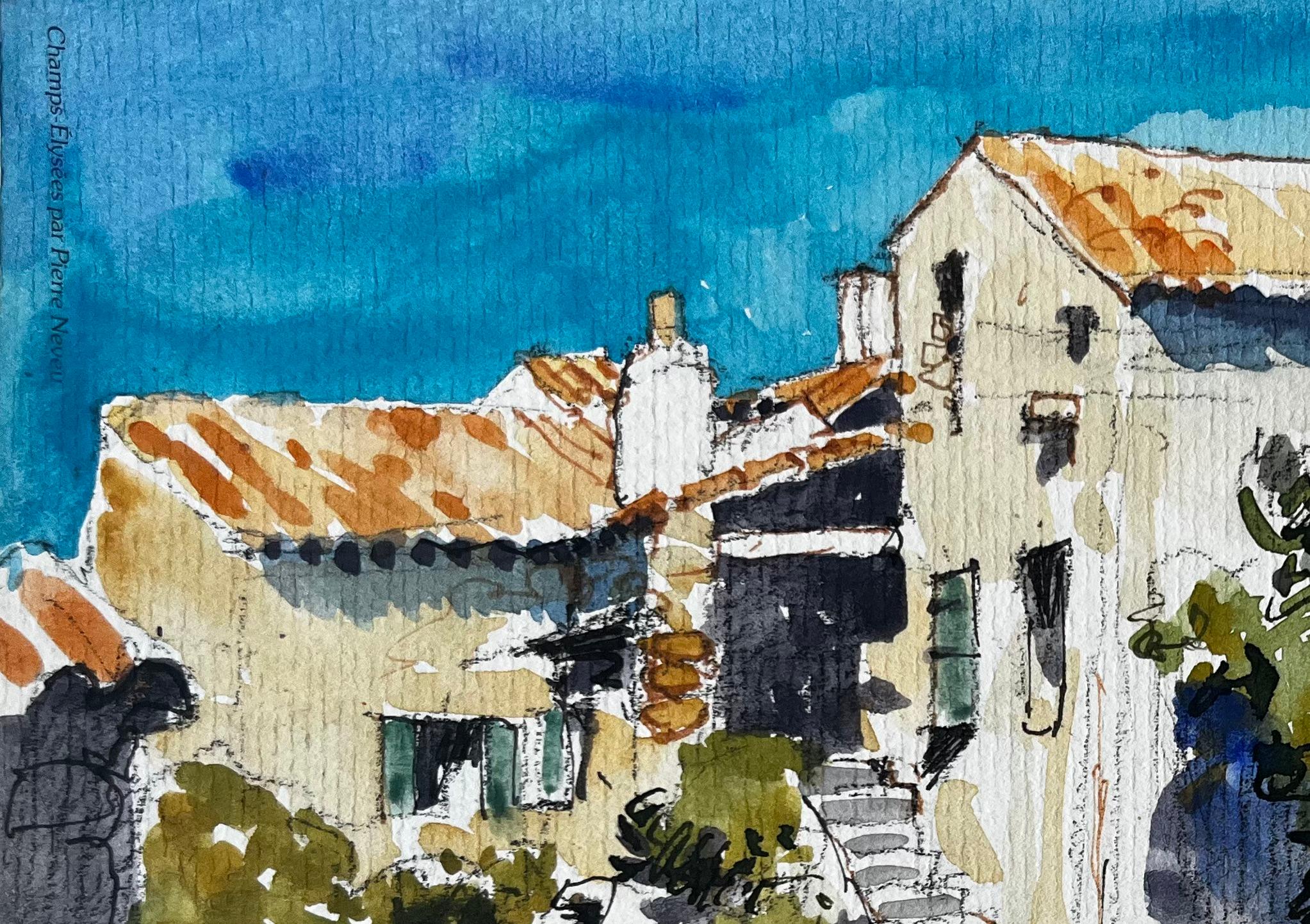 Häuser in provenzalischen Dörfern Steinmauern Terrakotta-Dächer Französische Landschaften (Grau), Landscape Art, von Pierre Neveu