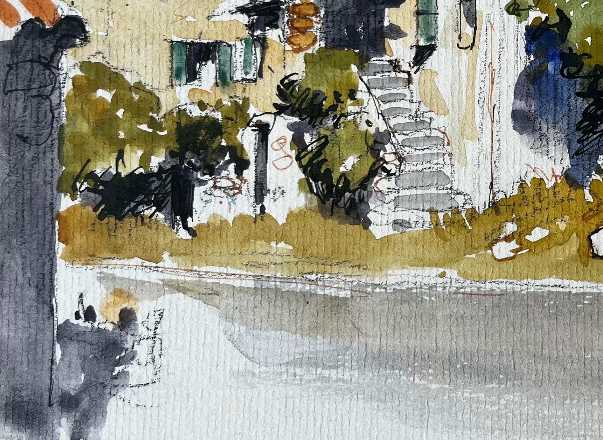 Titel: Provenzalische Dorfhäuser Steinmauern Terrakotta-Dächer Französische Landschaft Aquarell
Künstler: Pierre Neveu (Franzose, geb. 1929)
Medium: Aquarell auf Künstlerpapier, ungerahmt
Größe (H x B): 6,25 x 8,5 Zoll
Bezeichnet unten rechts: