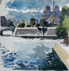 Paris Seine River View with Notre Dame Cathedral and Bridge French Watercolor