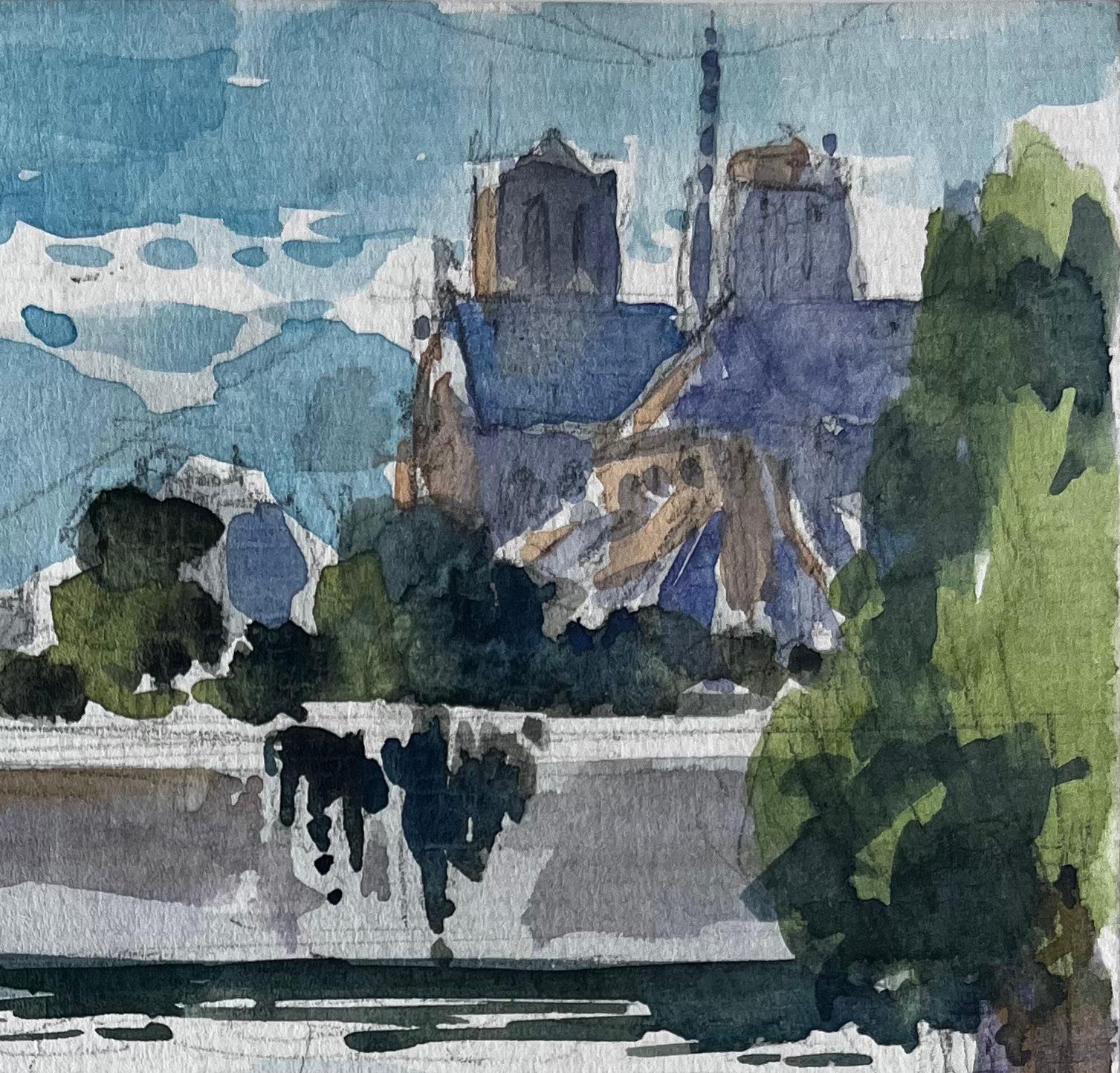 París Vista del río Sena con la catedral y el puente de Notre Dame Acuarela francesa - Art Posimpresionista de Pierre Neveu