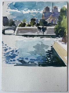 Paris Seine River View with Notre Dame Cathedral and Bridge French Watercolor