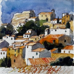 Village perché de Provence avec toits en terre cuite Paysage français Aquarelle