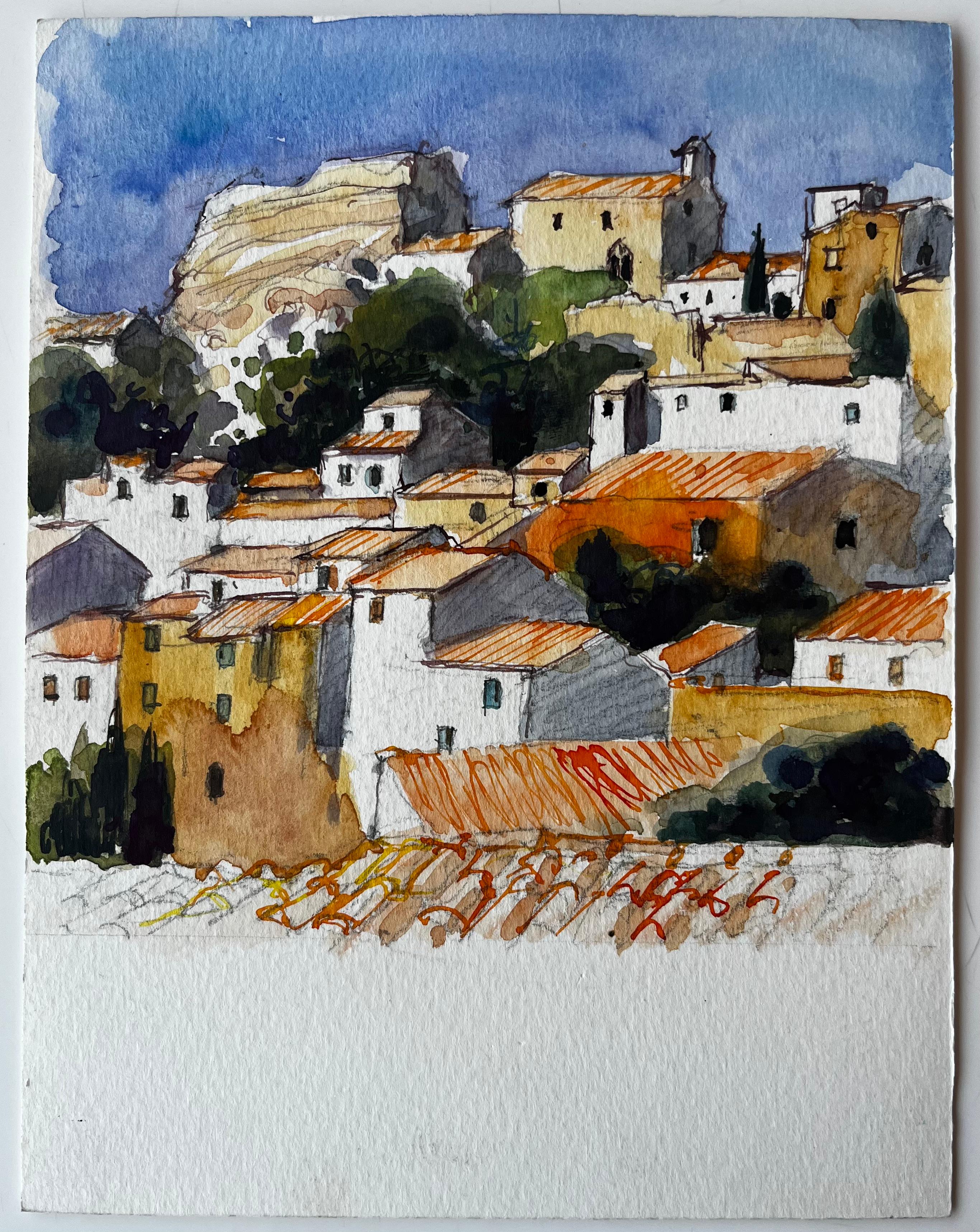 Villaggio in collina della Provenza con tetti in terracotta Paesaggio francese acquerello - Art di Pierre Neveu