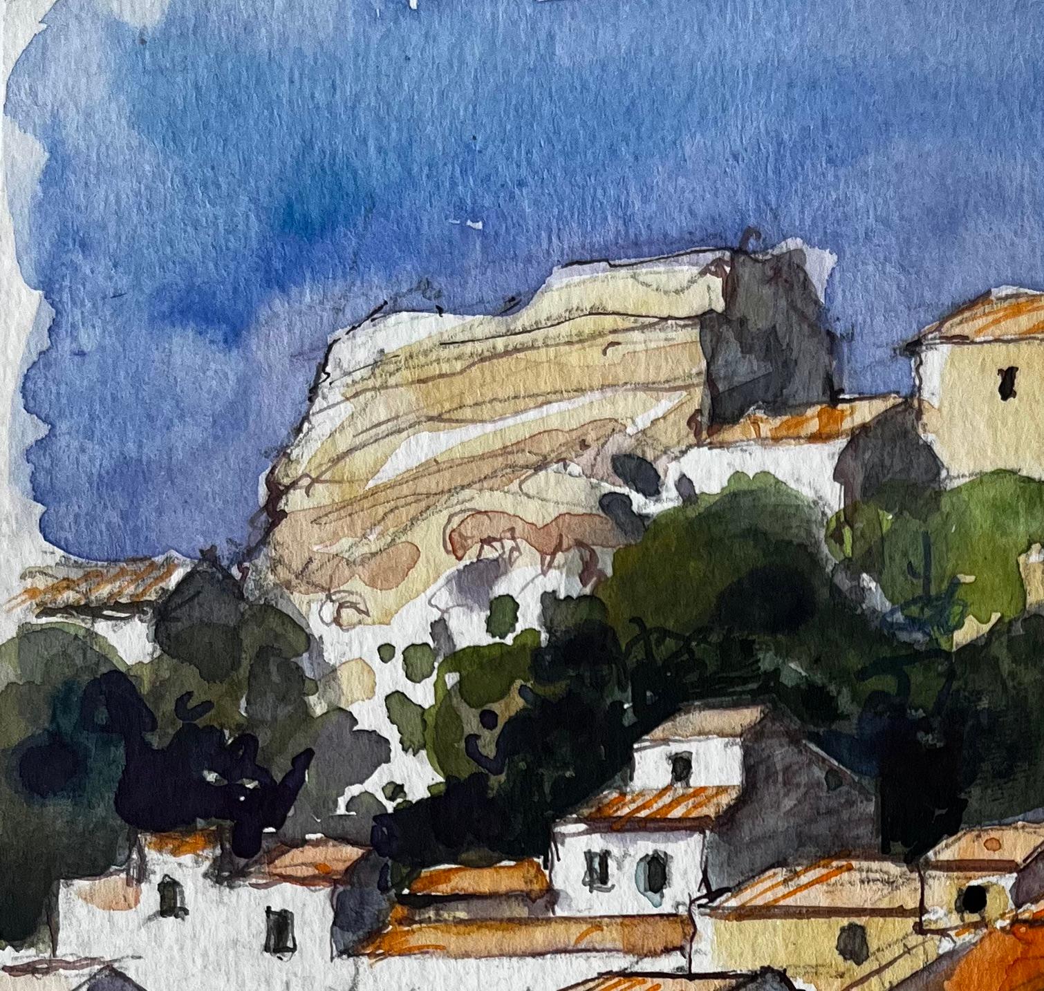 Villaggio in collina della Provenza con tetti in terracotta Paesaggio francese acquerello - Landscape Art Grigio di Pierre Neveu