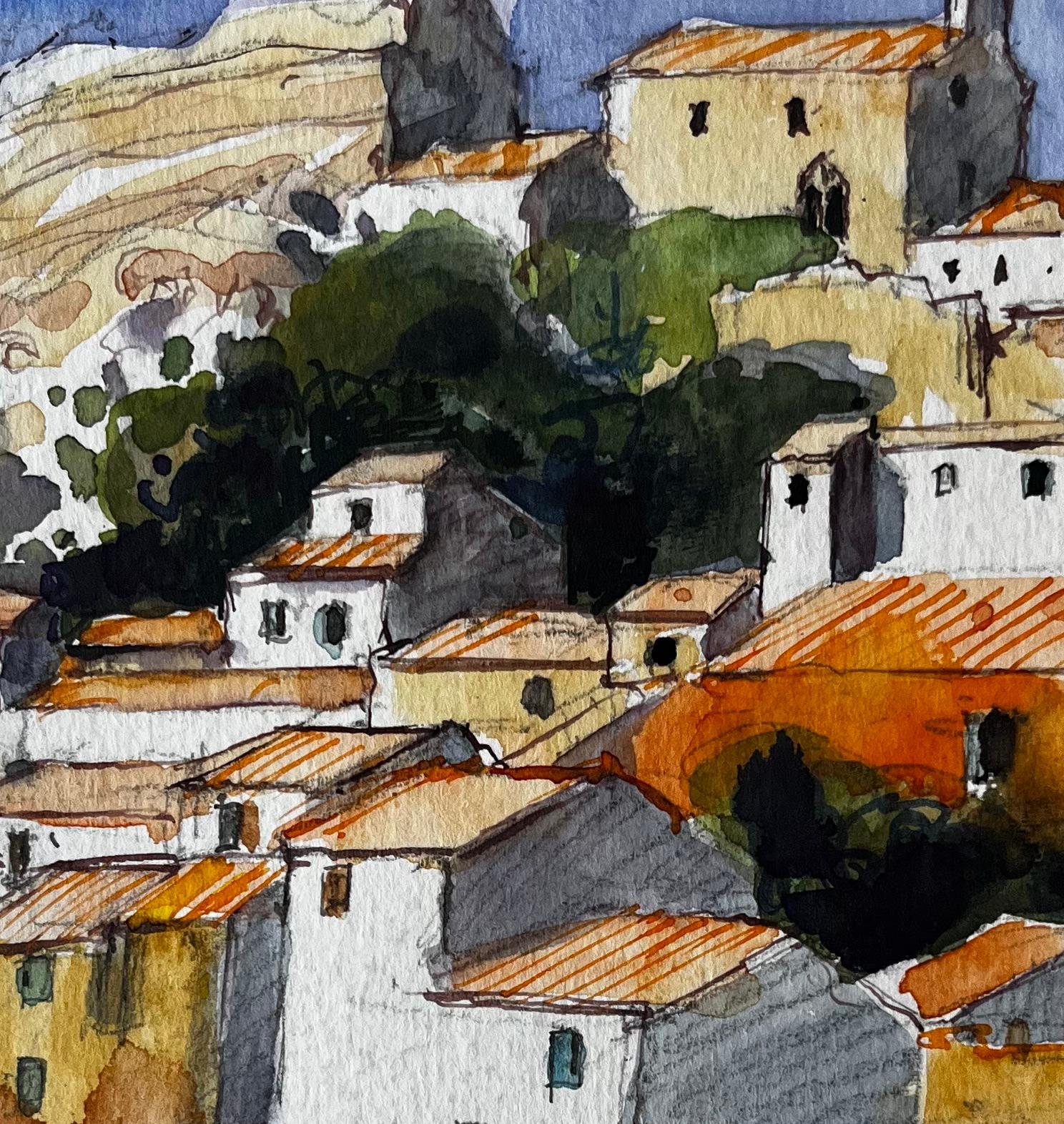 Villaggio in collina della Provenza con tetti in terracotta Paesaggio francese acquerello in vendita 2