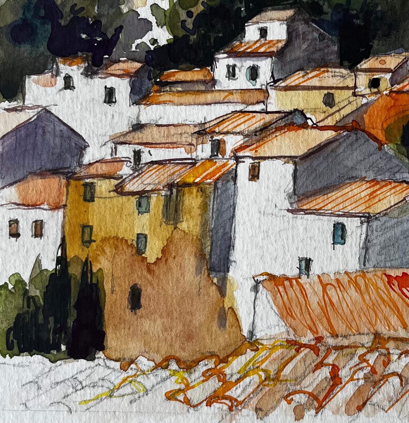 Villaggio in collina della Provenza con tetti in terracotta Paesaggio francese acquerello in vendita 1