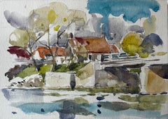 Pont riverain et maisons à toit rouge Village français Aquarelle