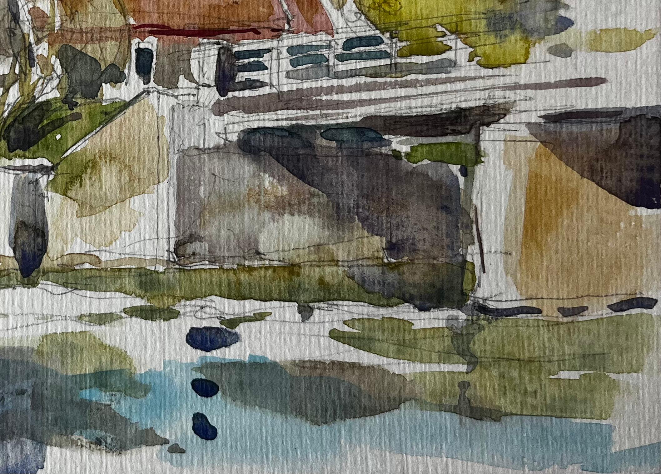 Titolo: Ponte sul fiume e case dal tetto rosso Acquerello di un villaggio francese
Artista: Pierre Neveu (francese, nato nel 1929)
Medium: Acquerello su carta d'artista, senza cornice
Dimensioni (H. x L): 6 x 8,75 pollici
Condit: Complessivamente