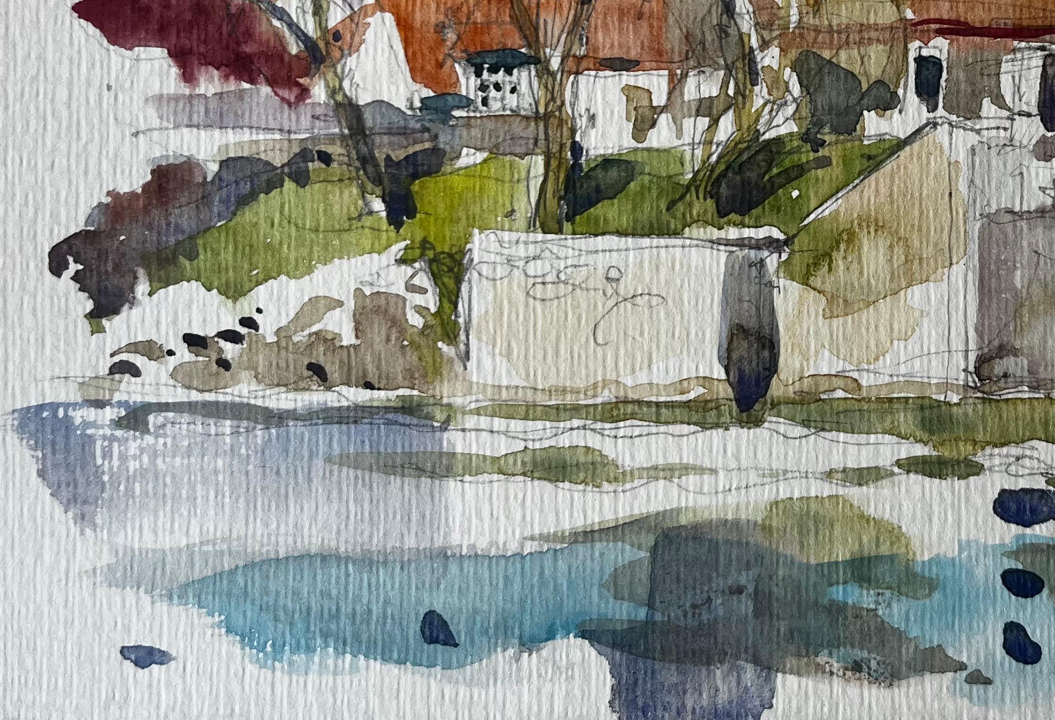 Ponte sul lungofiume e case dal tetto rosso Acquerello di un villaggio francese in vendita 1