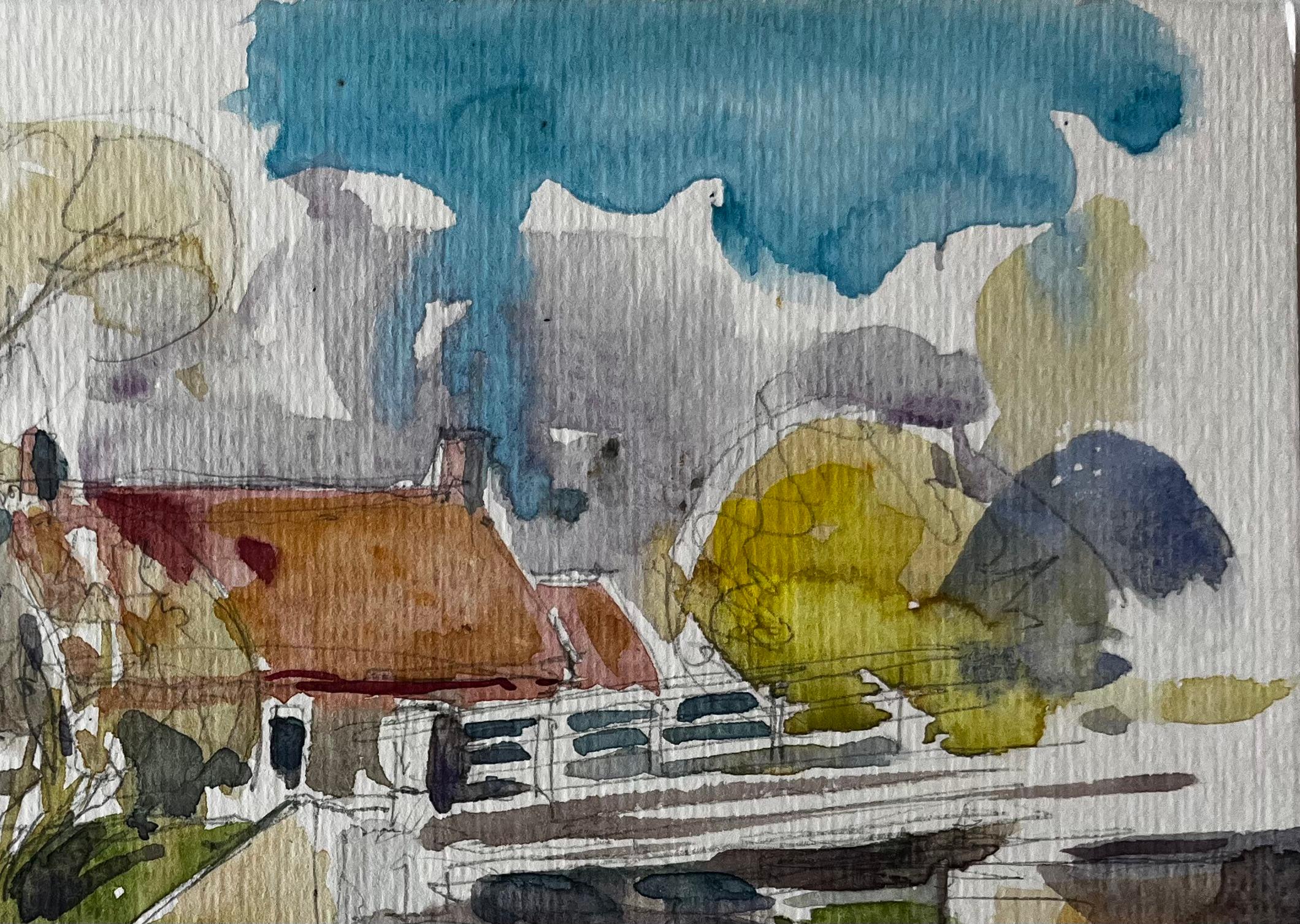 Ponte sul lungofiume e case dal tetto rosso Acquerello di un villaggio francese - Landscape Art Grigio di Pierre Neveu