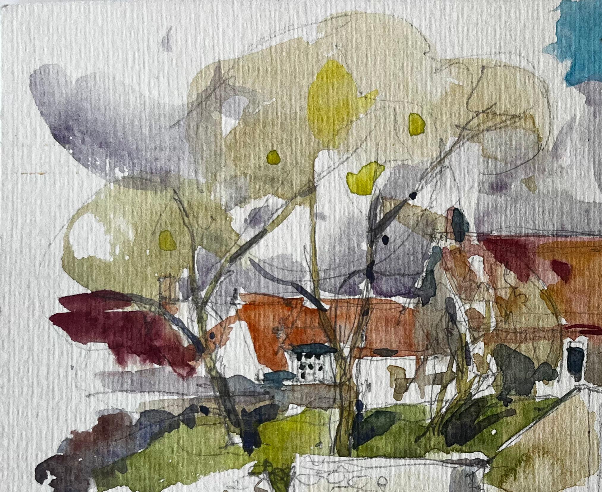 Ponte sul lungofiume e case dal tetto rosso Acquerello di un villaggio francese - Art Postimpressionismo di Pierre Neveu