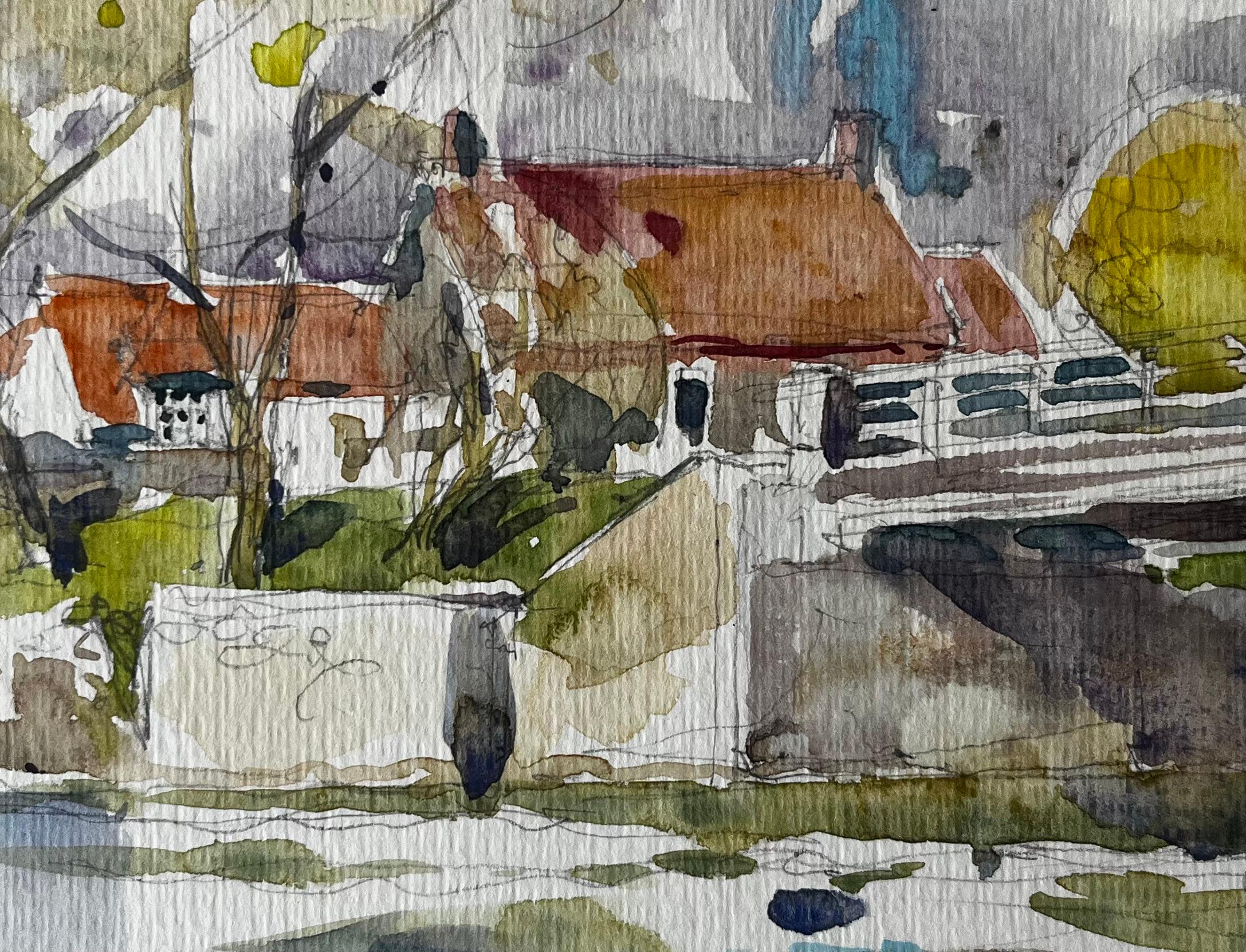 Ponte sul lungofiume e case dal tetto rosso Acquerello di un villaggio francese in vendita 2