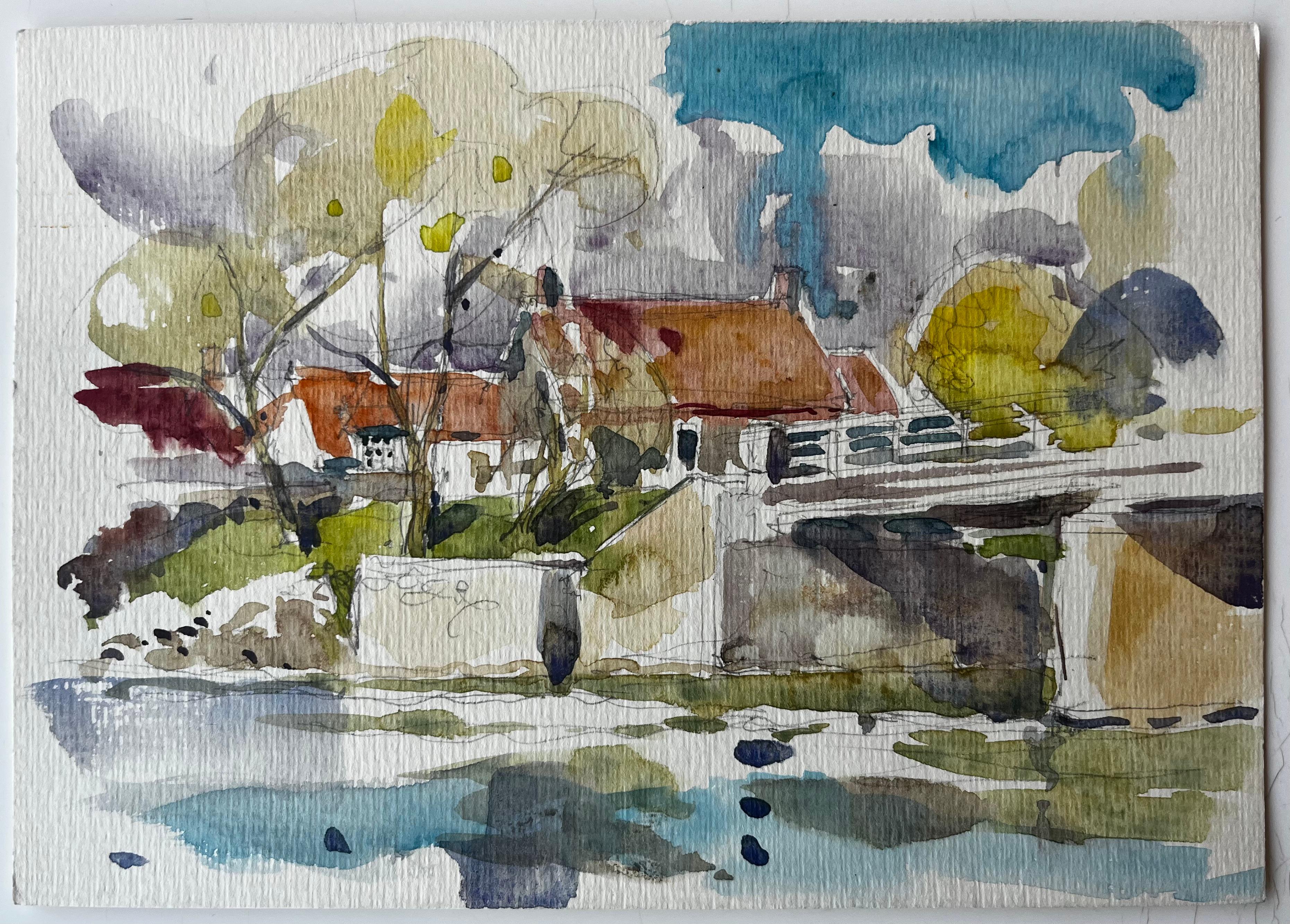 Ponte sul lungofiume e case dal tetto rosso Acquerello di un villaggio francese - Art di Pierre Neveu