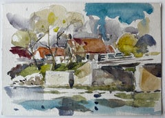 Puente junto al río y casas con tejados rojos Acuarela de pueblo francés