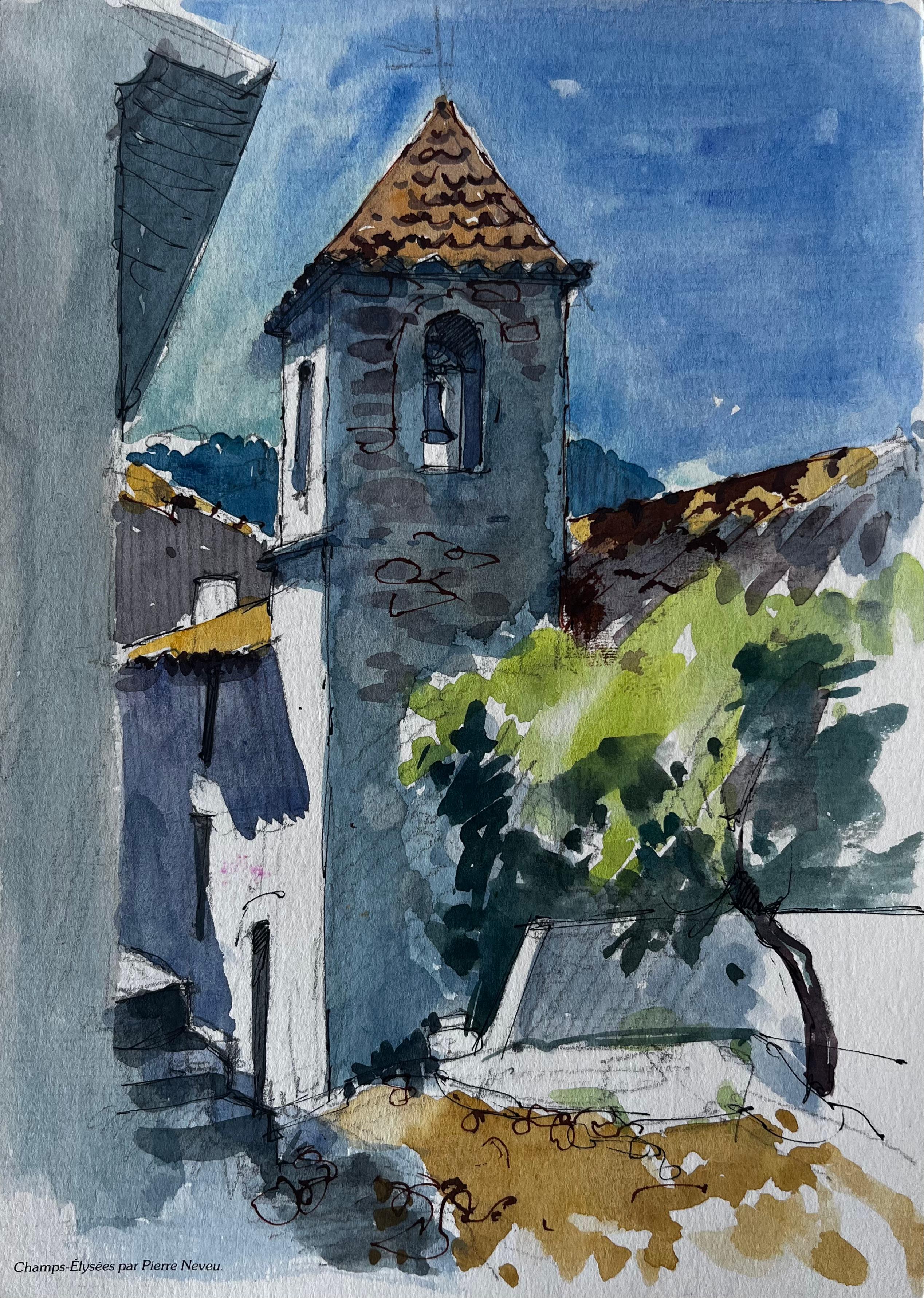 Torre della chiesa in pietra e case del villaggio in Provenza Acquerello