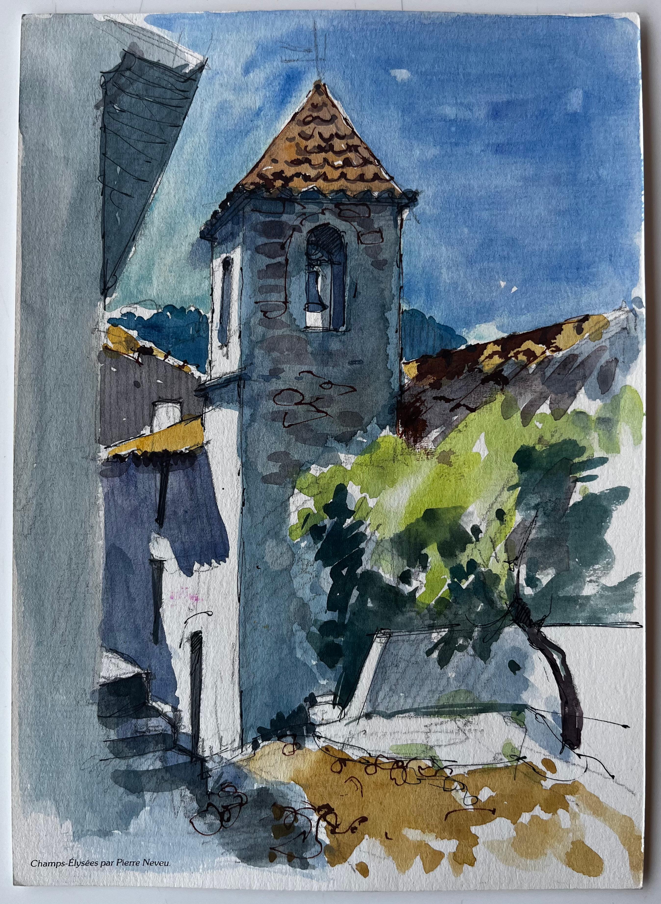 Torre della chiesa in pietra e case del villaggio in Provenza Acquerello - Art di Pierre Neveu
