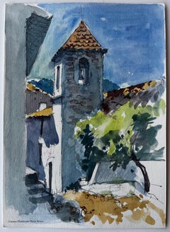 Stone Church Tower and Village Houses Provence Watercolor
