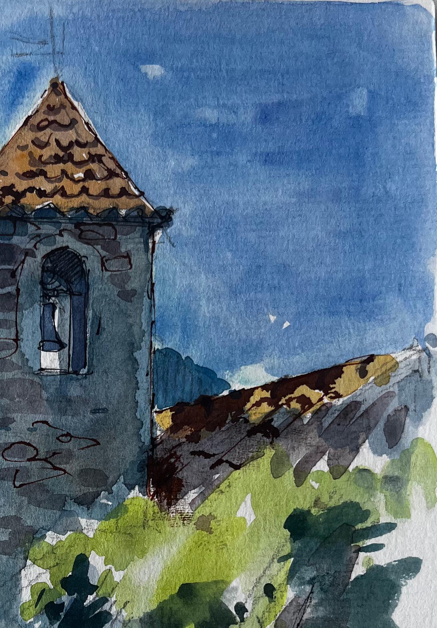 Torre della chiesa in pietra e case del villaggio in Provenza Acquerello - Landscape Art Grigio di Pierre Neveu