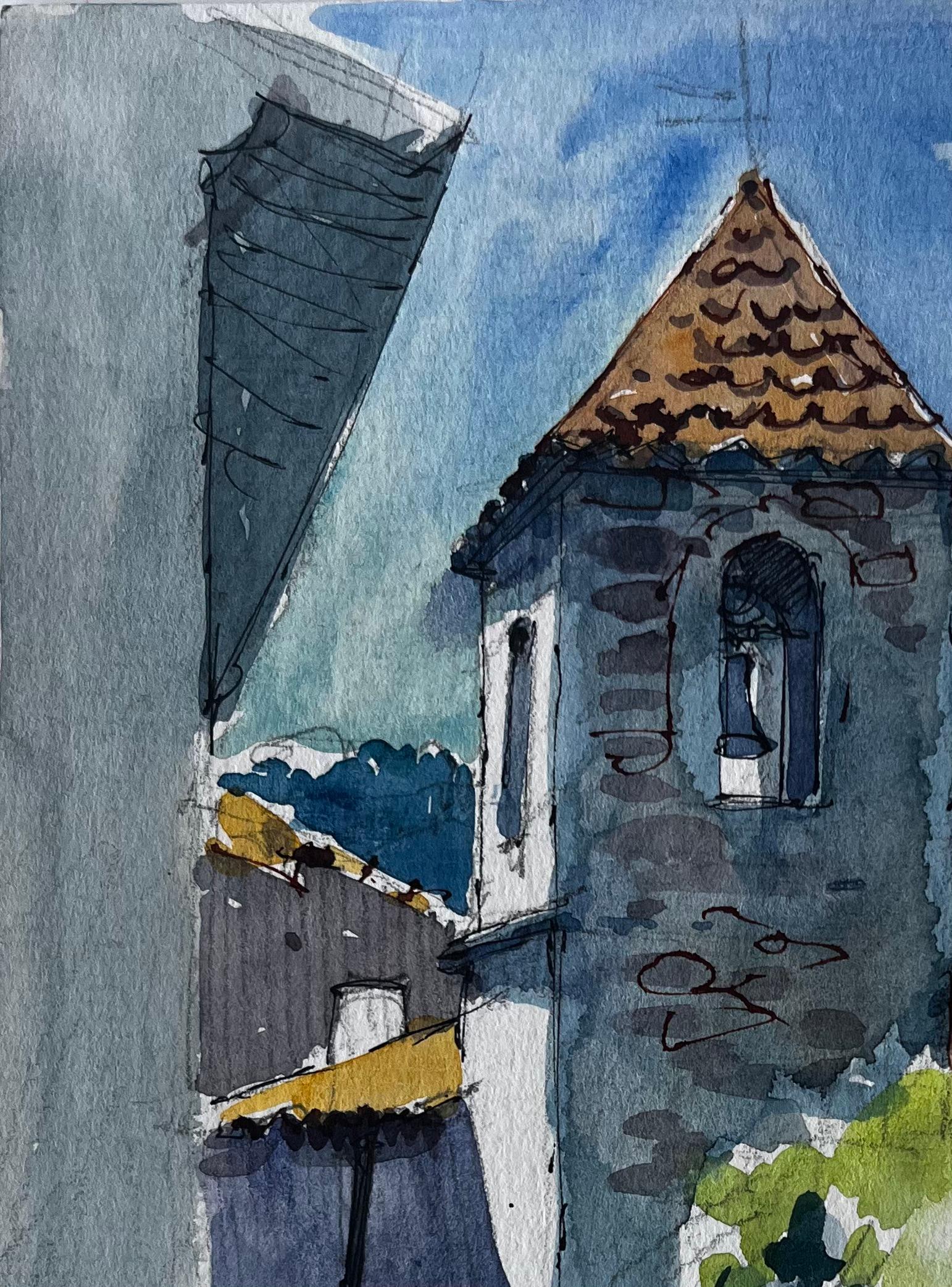 Torre della chiesa in pietra e case del villaggio in Provenza Acquerello - Art Postimpressionismo di Pierre Neveu
