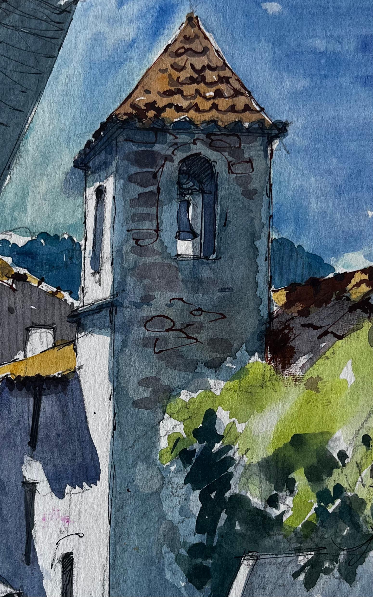 Torre della chiesa in pietra e case del villaggio in Provenza Acquerello in vendita 2