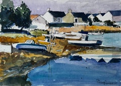 Port côtier de Crognier avec bateaux et maisons en pierre Aquarelle