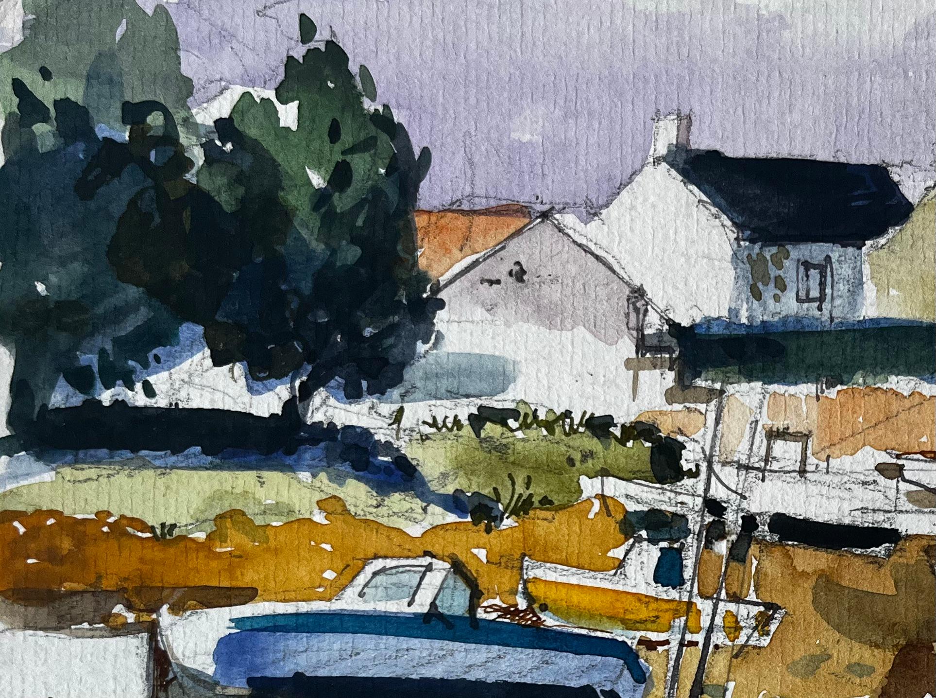 Porto costiero di Crognier con barche e case di pietra Acquerello - Landscape Art Grigio di Pierre Neveu