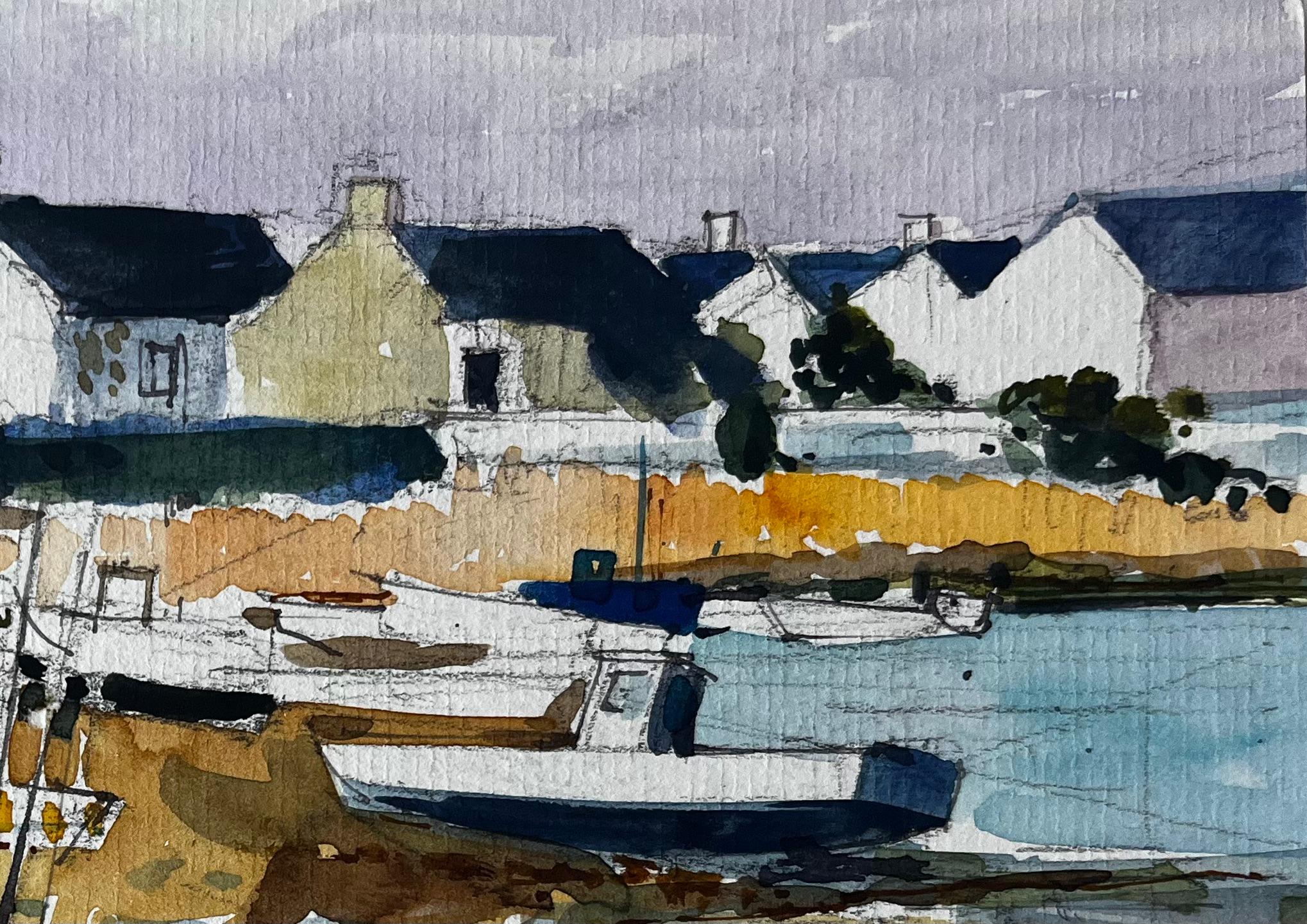 Porto costiero di Crognier con barche e case di pietra Acquerello - Art Postimpressionismo di Pierre Neveu