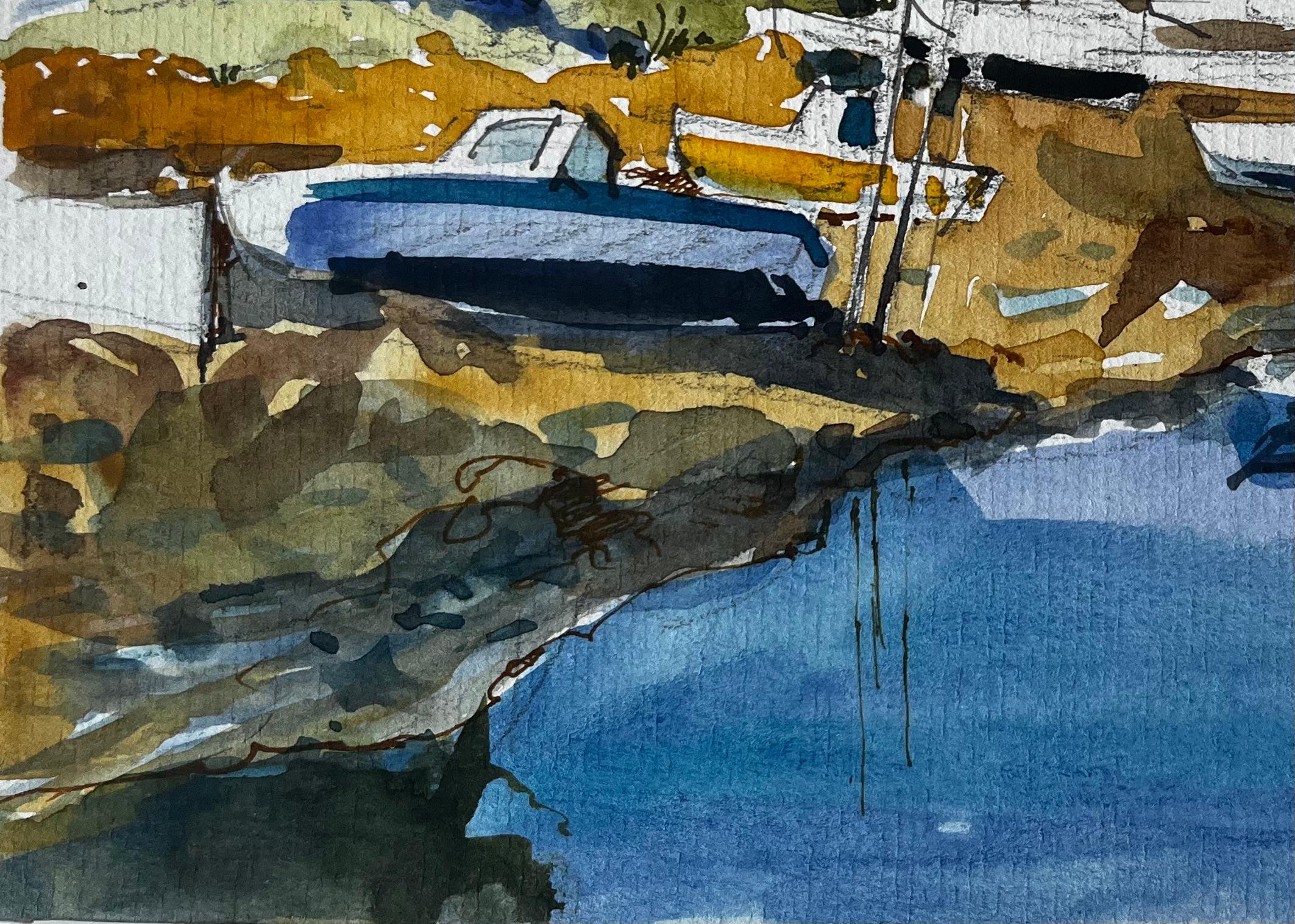 Porto costiero di Crognier con barche e case di pietra Acquerello in vendita 1