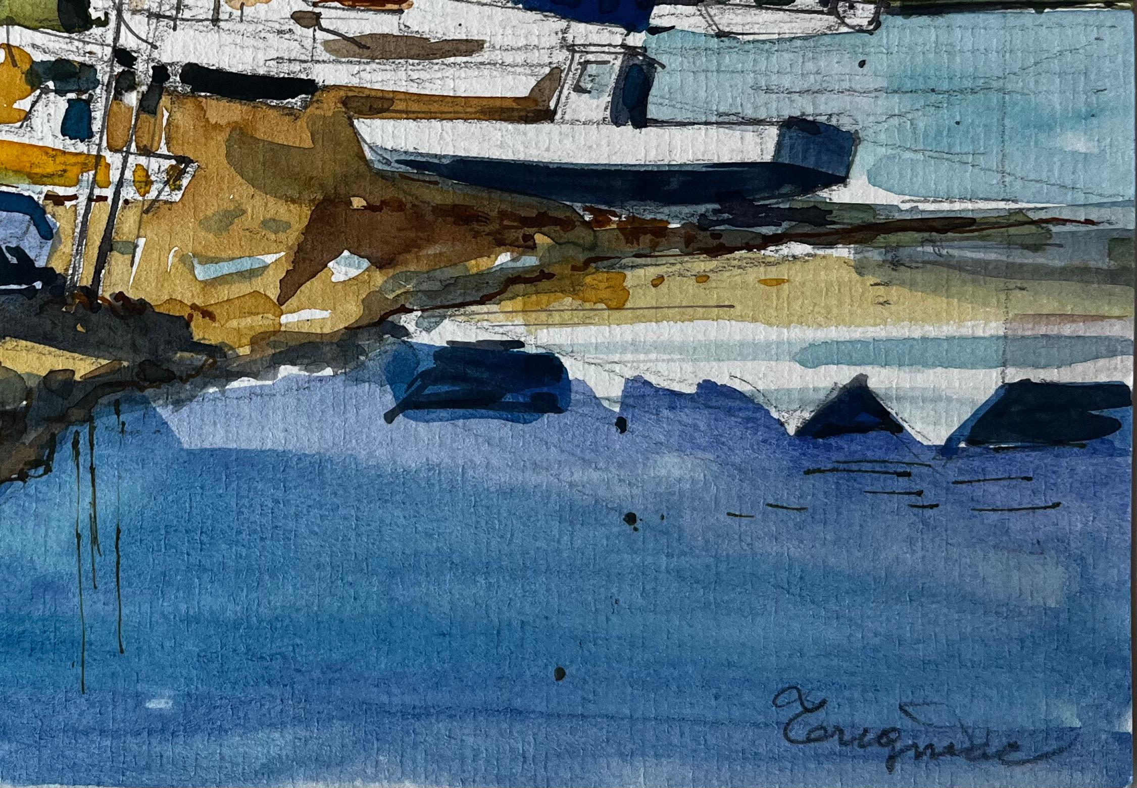 Titolo: Porto costiero di Crognier con barche e case di pietra Acquerello
Artista: Pierre Neveu (francese, nato nel 1929)
Medium: Acquerello su carta d'artista, senza cornice
Dimensioni (H. x L): 6,25 x 8,5 pollici
Condit: Complessivamente buono,