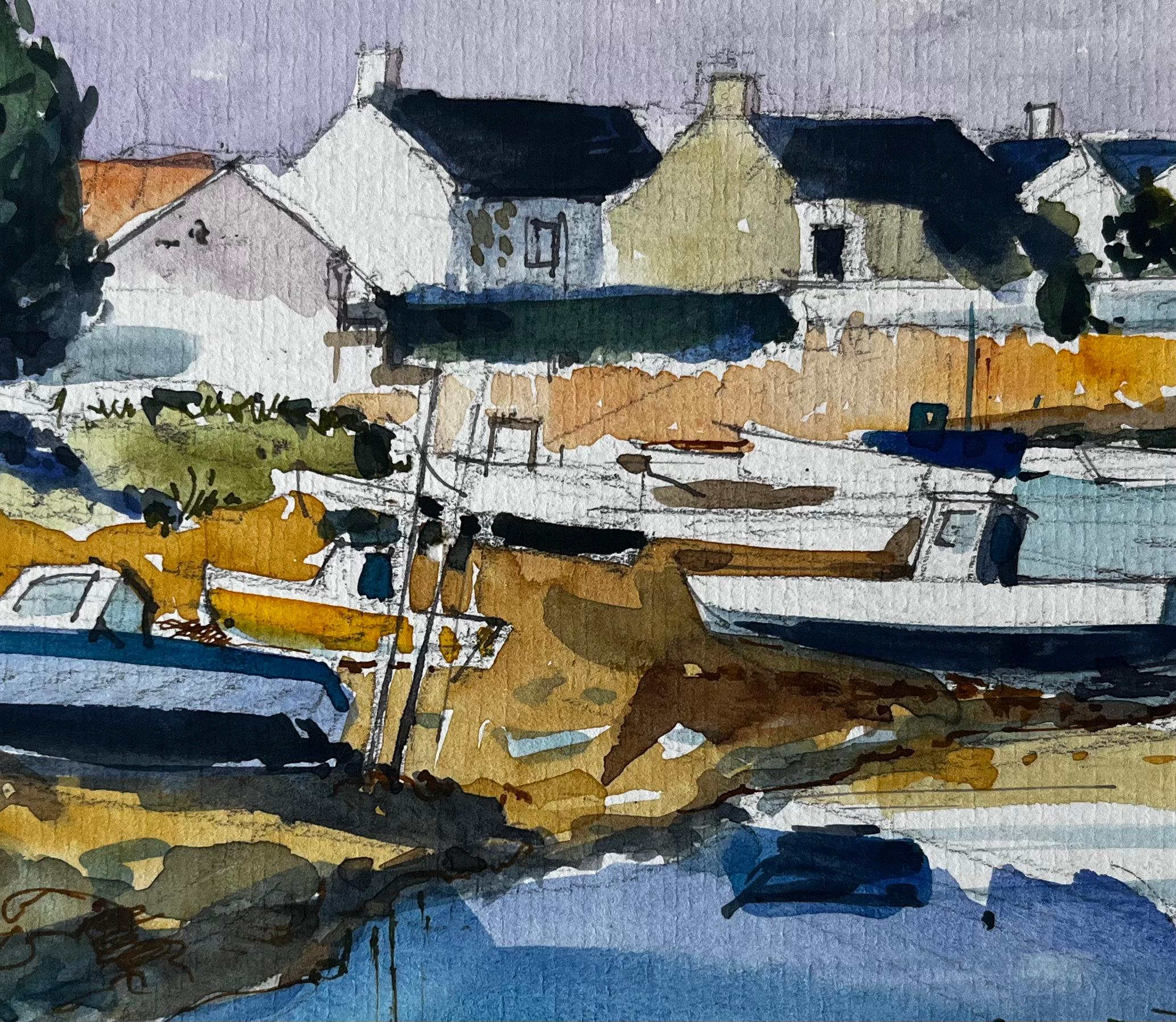 Porto costiero di Crognier con barche e case di pietra Acquerello in vendita 2