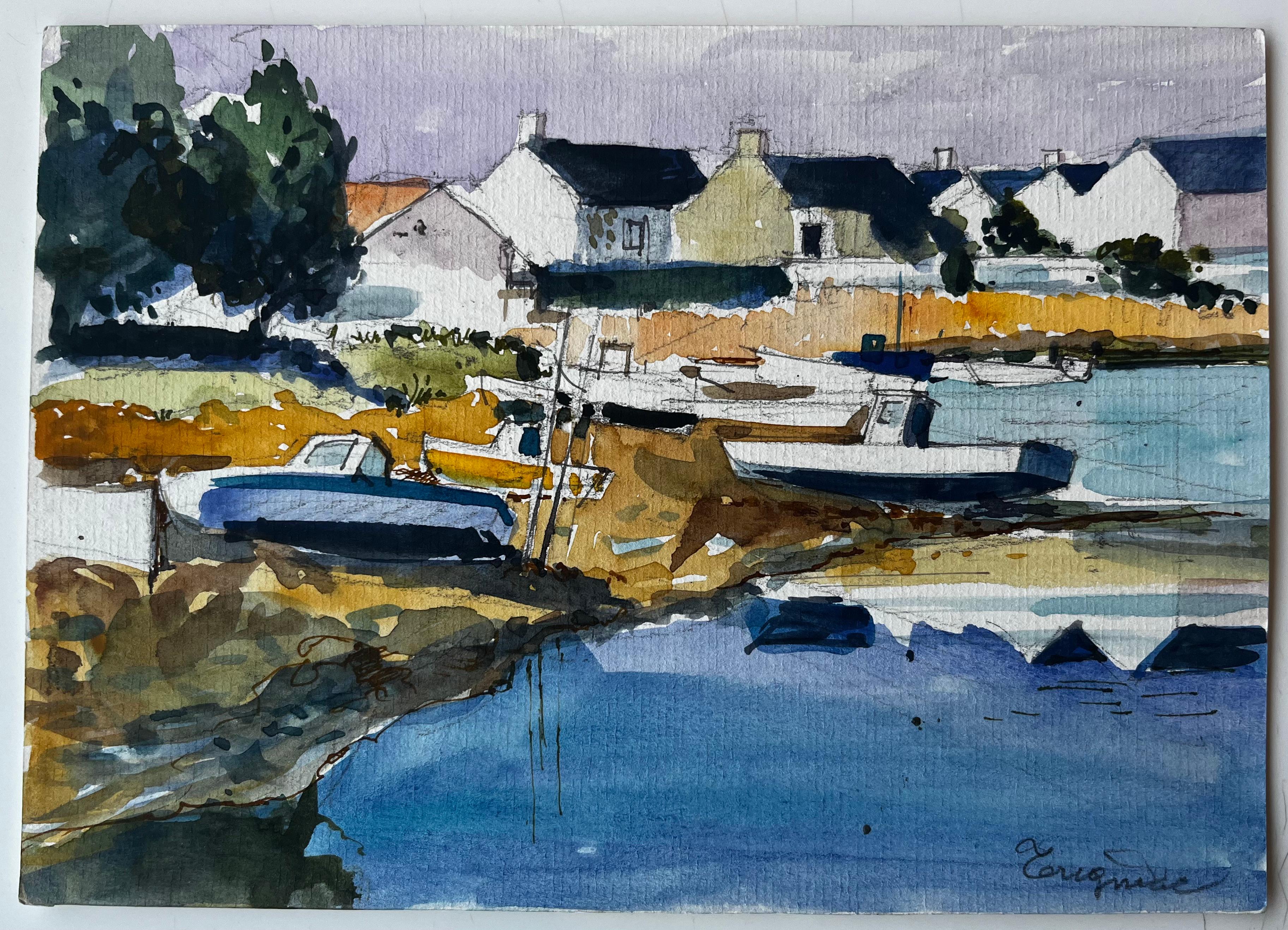 Porto costiero di Crognier con barche e case di pietra Acquerello - Art di Pierre Neveu