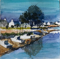 Bateaux du port et chalets blancs avec reflets d'arbres Aquarelle