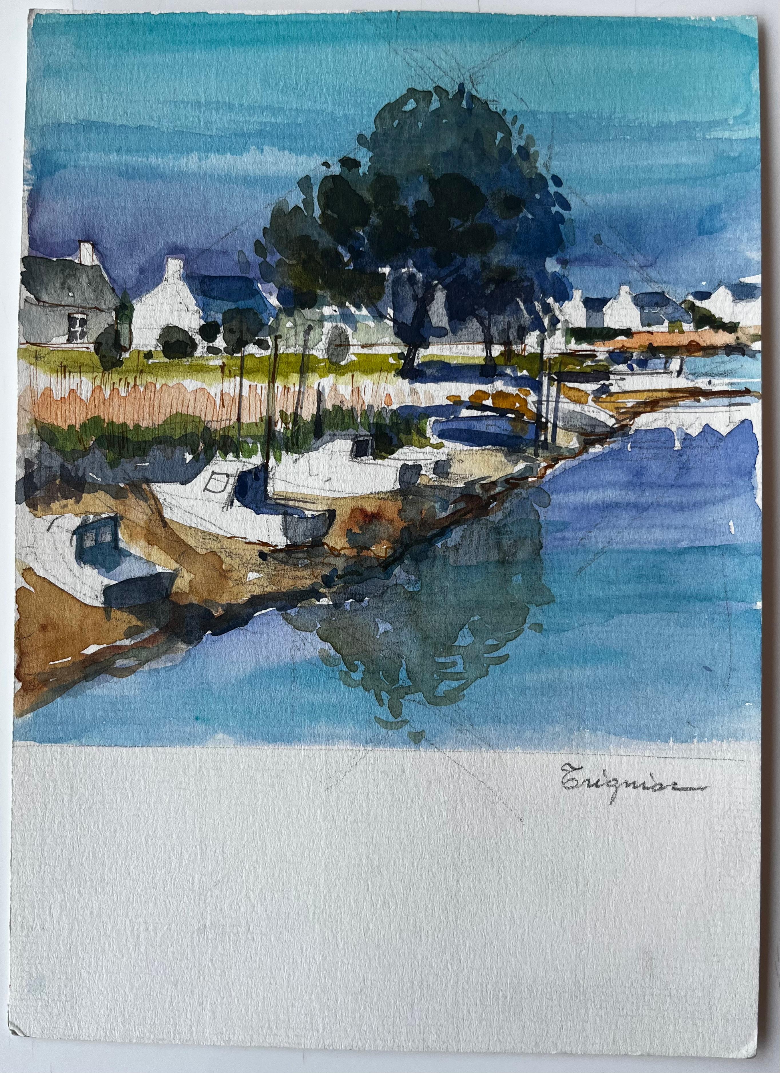 Bateaux du port et chalets blancs avec reflets d'arbres Aquarelle - Art de Pierre Neveu